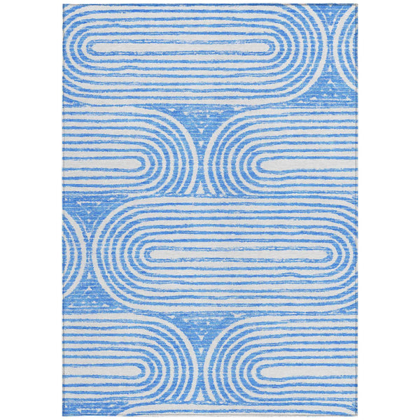 5' X 8' Blue and White Abstract Washable Non Skid Indoor Outdoor Area Rug