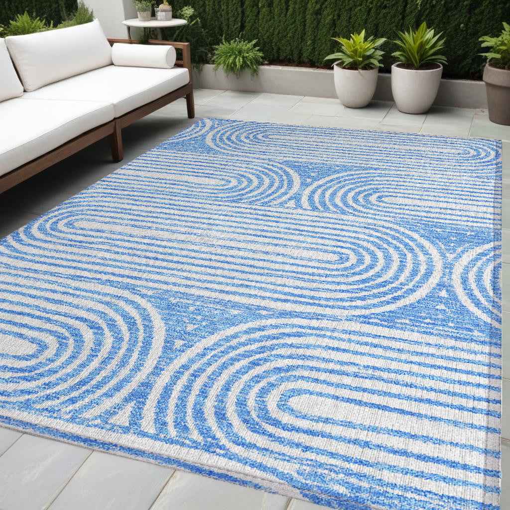 5' X 8' Blue and White Abstract Washable Non Skid Indoor Outdoor Area Rug