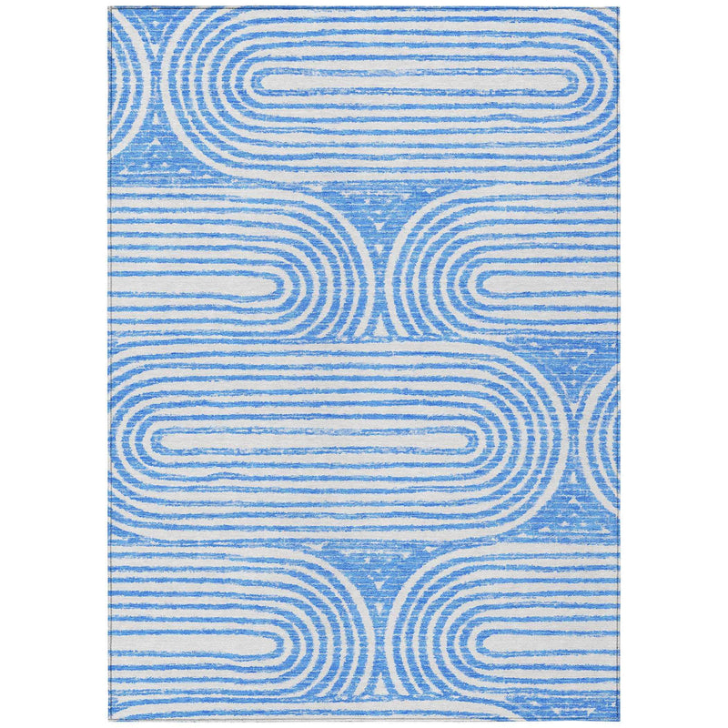 5' X 8' Blue and White Abstract Washable Non Skid Indoor Outdoor Area Rug