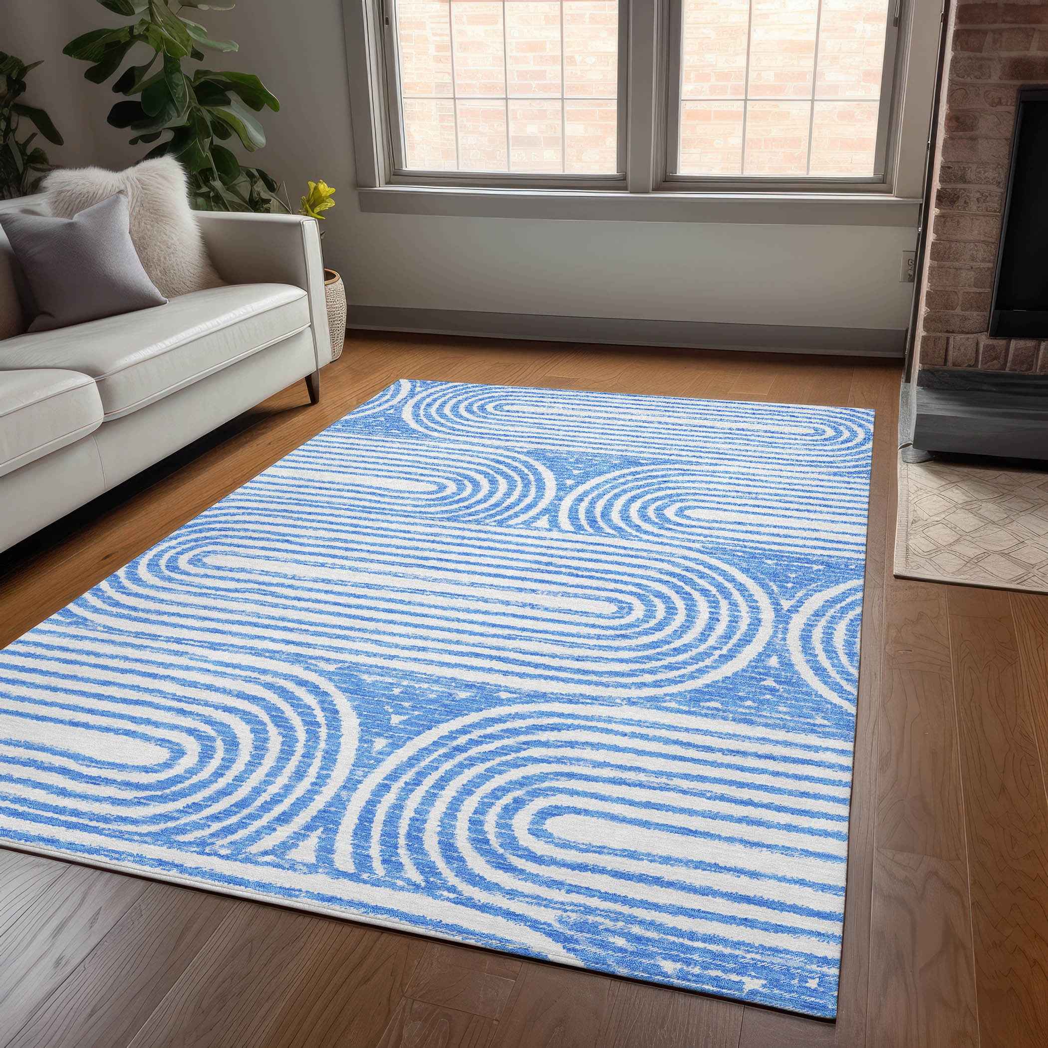 5' X 8' Blue and White Abstract Washable Non Skid Indoor Outdoor Area Rug