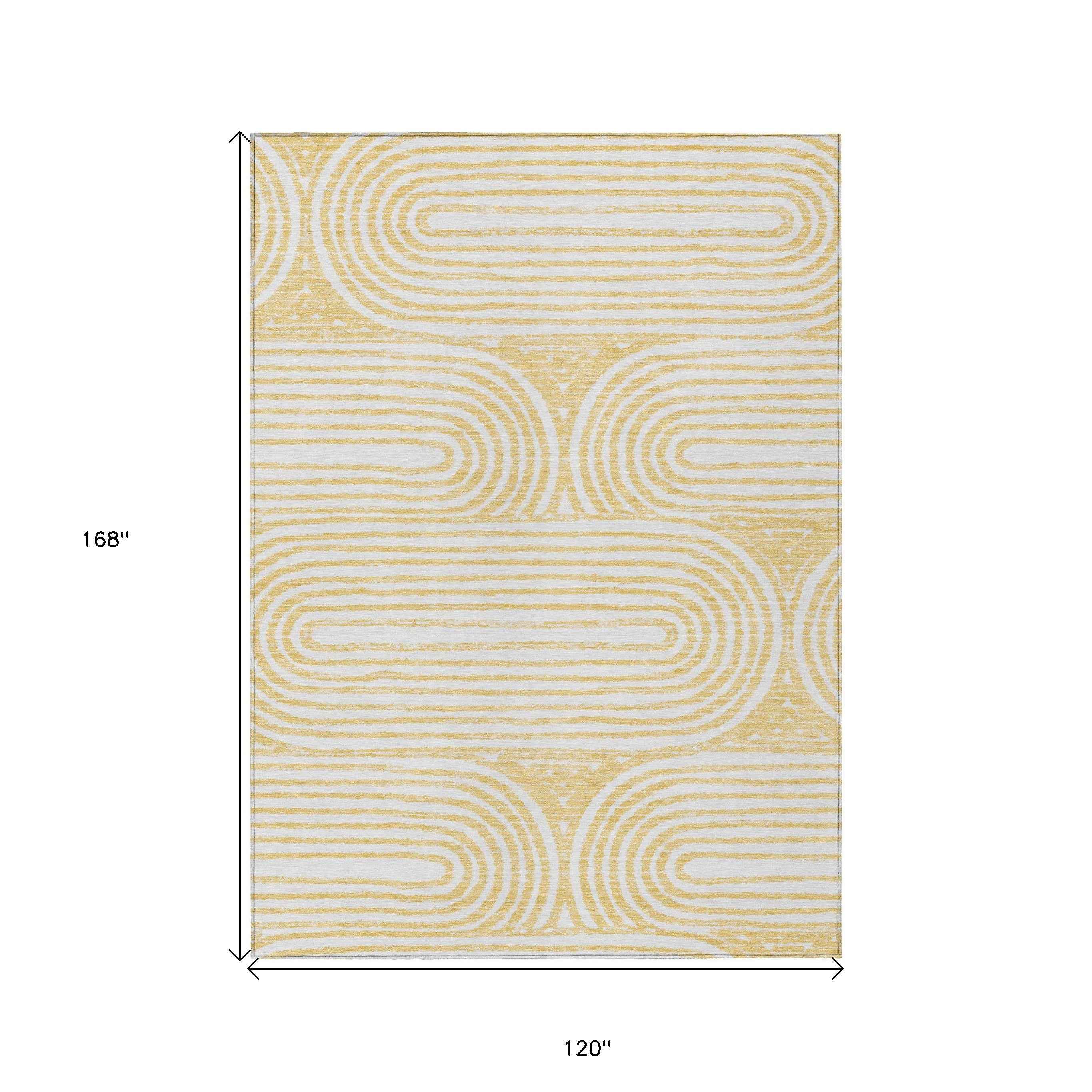 10' X 14' Gold And White Abstract Washable Indoor Outdoor Area Rug