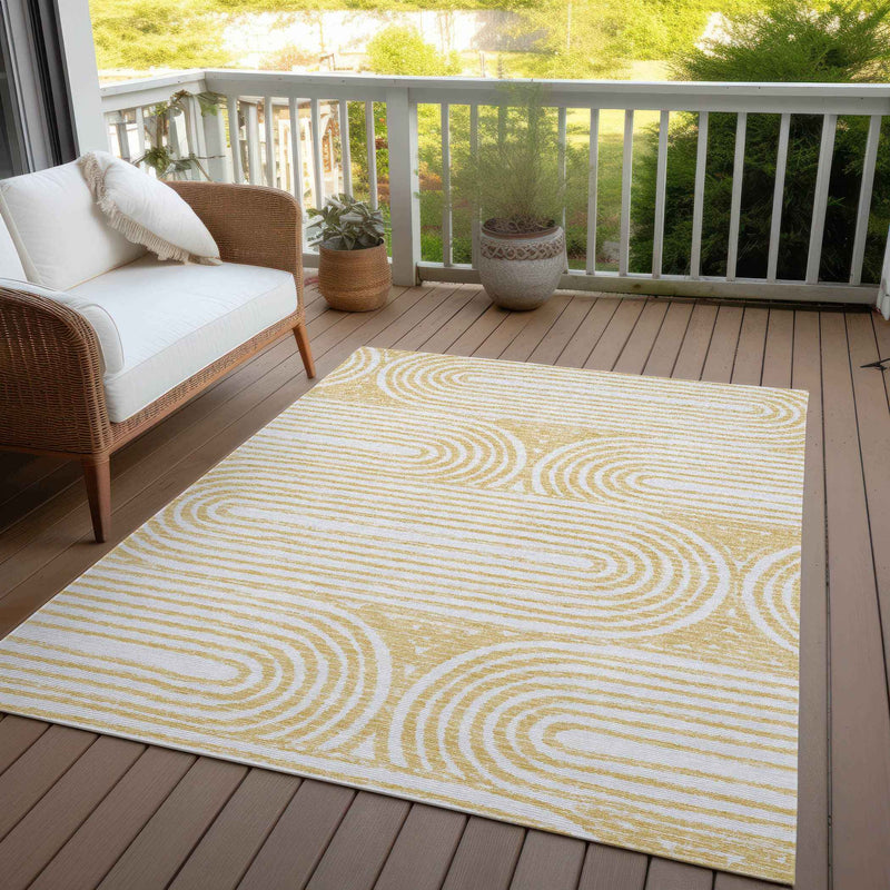 10' X 14' Gold And White Abstract Washable Indoor Outdoor Area Rug