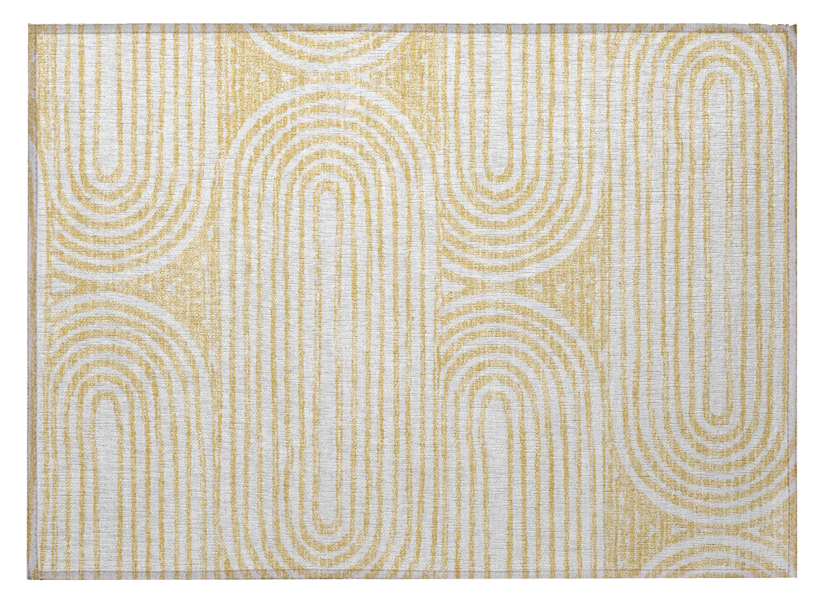 2' X 3' Gold and White Abstract Washable Non Skid Indoor Outdoor Area Rug