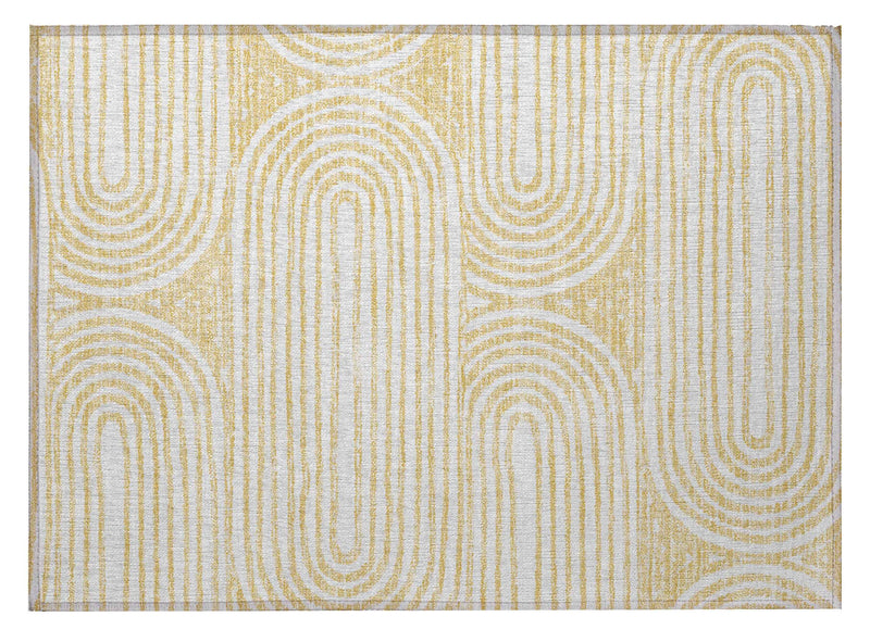 2' X 3' Gold and White Abstract Washable Non Skid Indoor Outdoor Area Rug