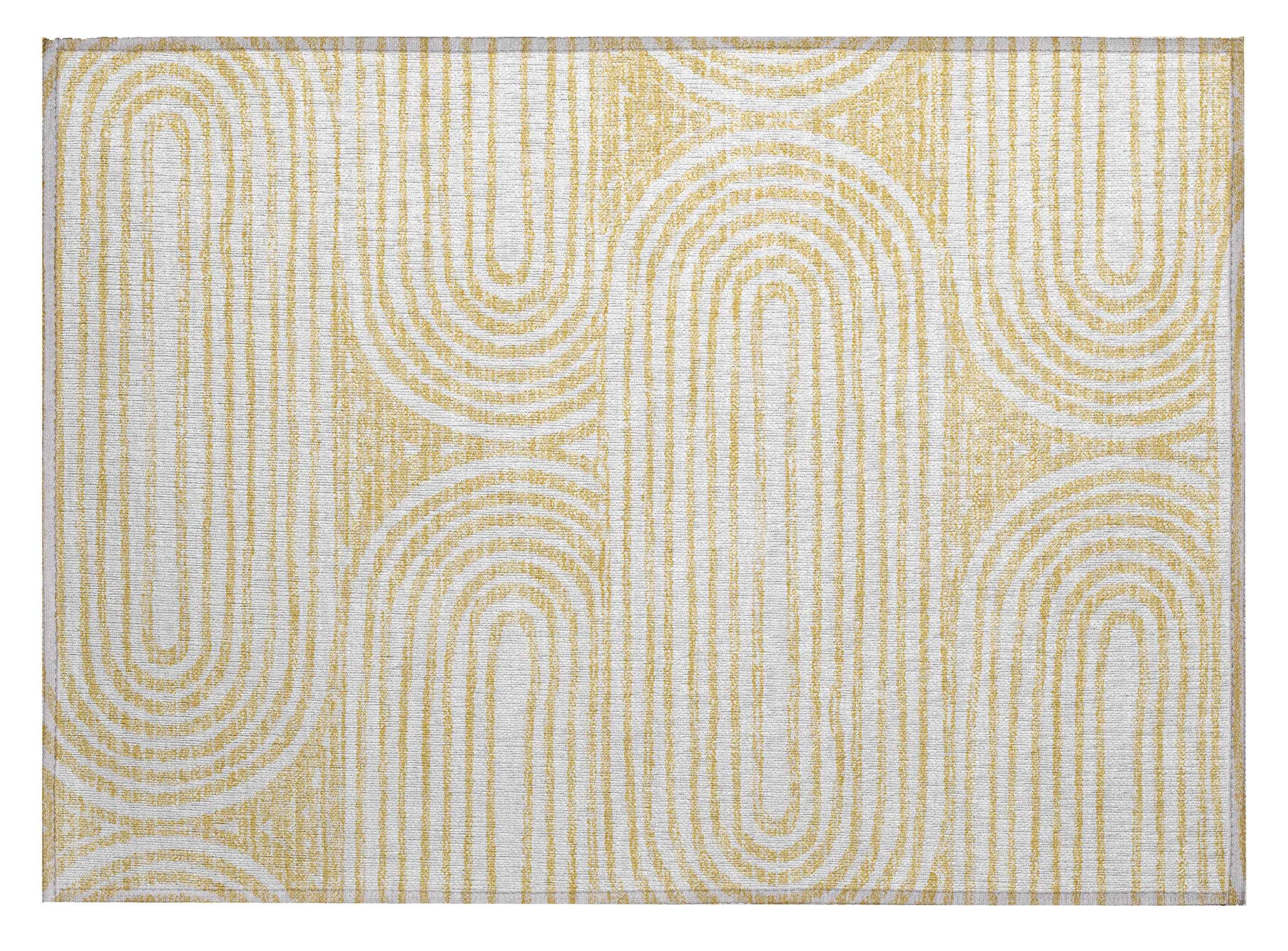 2' X 3' Gold and White Abstract Washable Non Skid Indoor Outdoor Area Rug