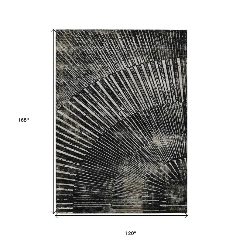 10' X 14' Black and Ivory Abstract Washable Non Skid Indoor Outdoor Area Rug