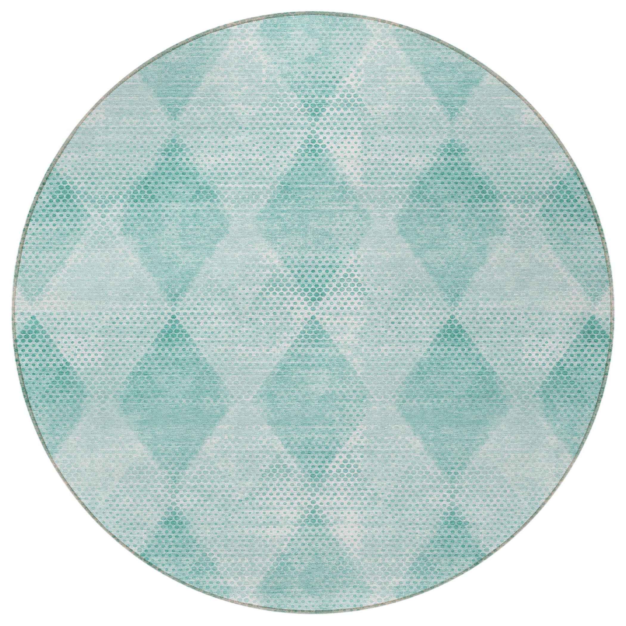 8' Round Teal Round Geometric Washable Non Skid Indoor Outdoor Area Rug