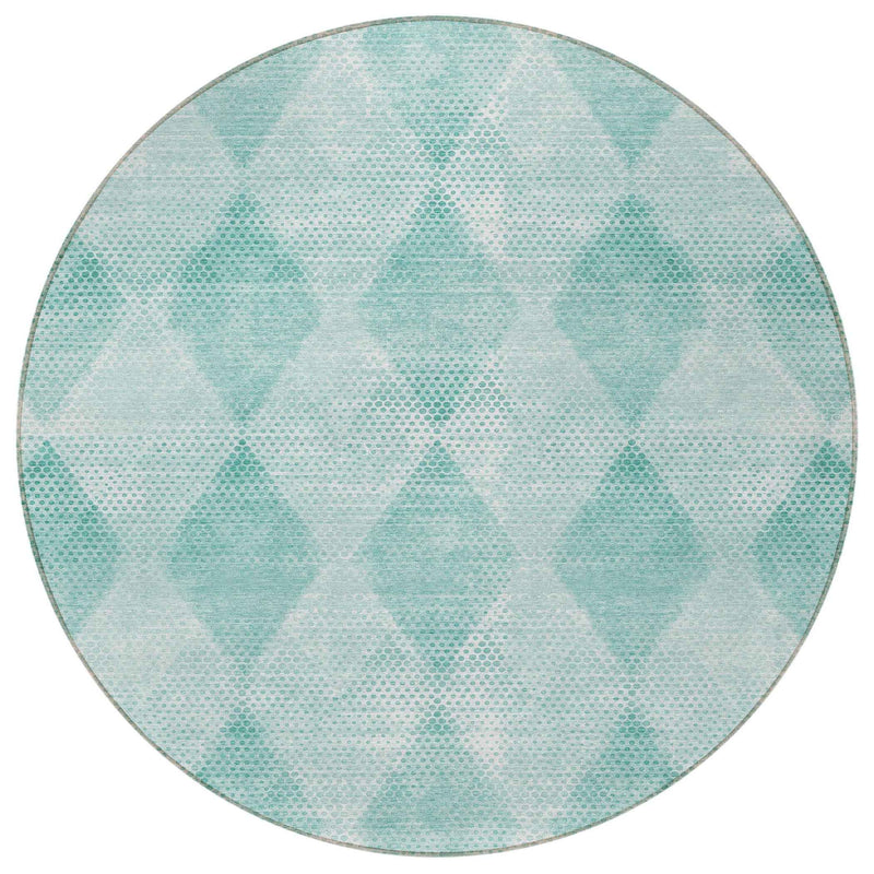 8' Round Teal Round Geometric Washable Non Skid Indoor Outdoor Area Rug