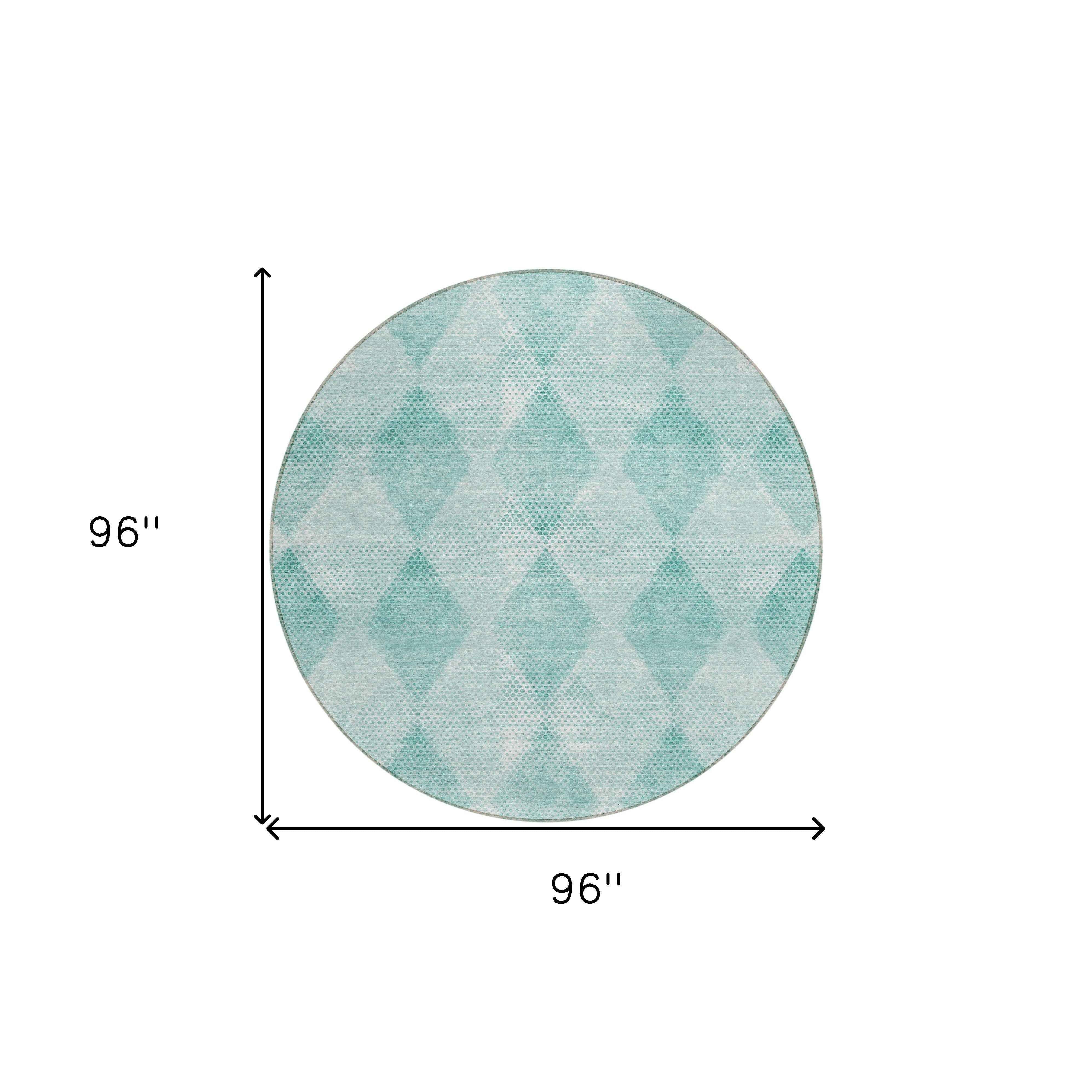 8' Round Teal Round Geometric Washable Non Skid Indoor Outdoor Area Rug
