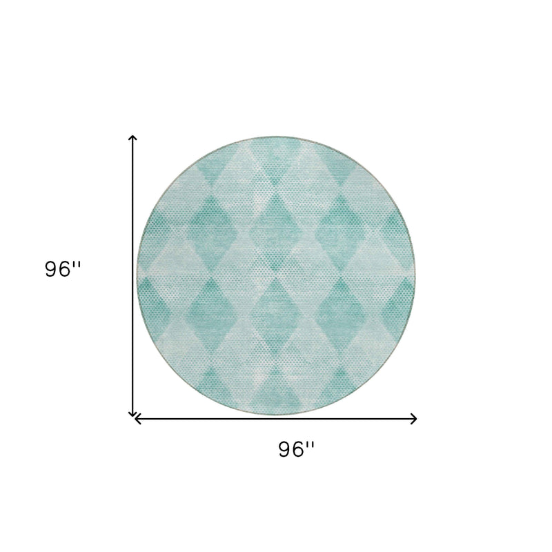 8' Round Teal Round Geometric Washable Non Skid Indoor Outdoor Area Rug