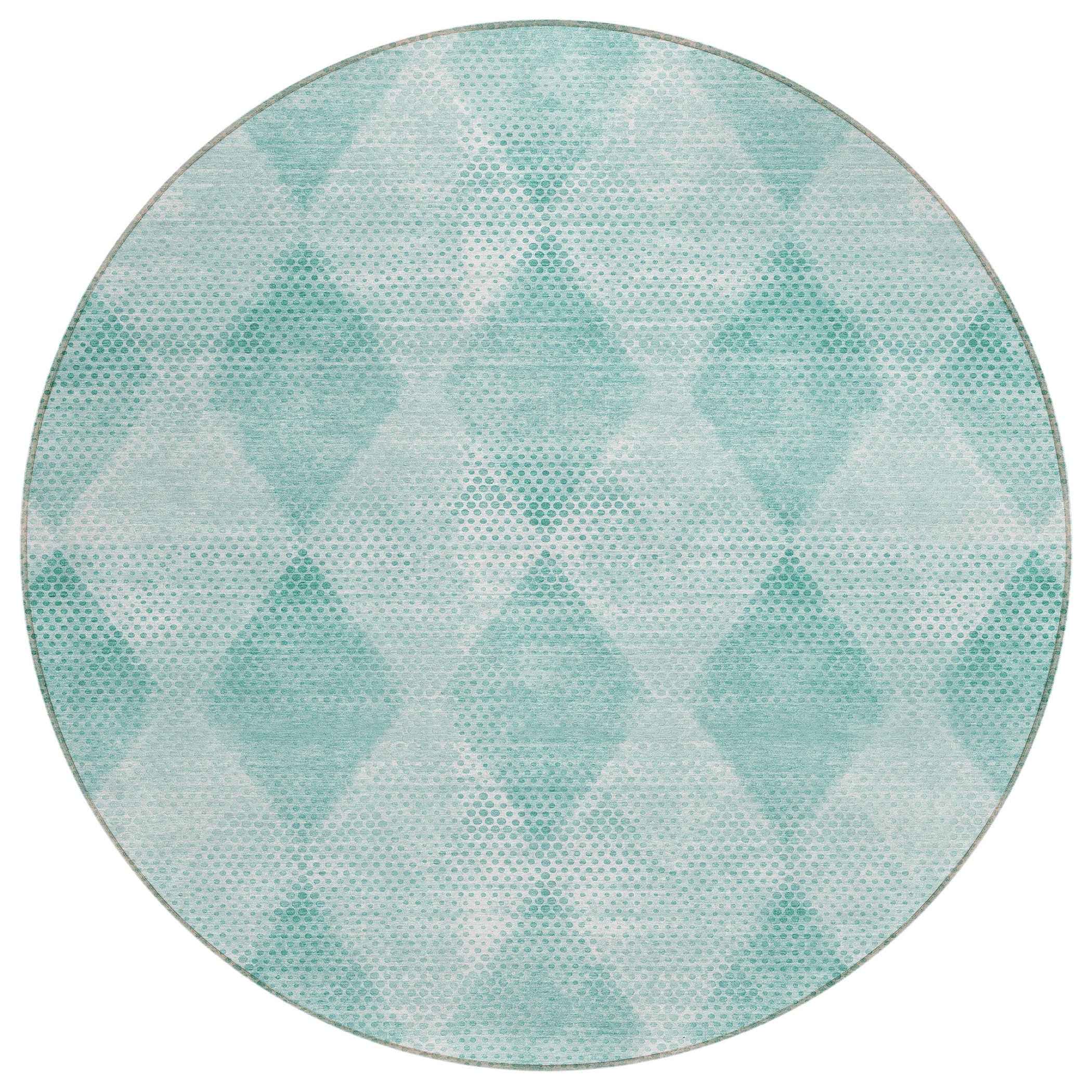 8' Round Teal Round Geometric Washable Non Skid Indoor Outdoor Area Rug