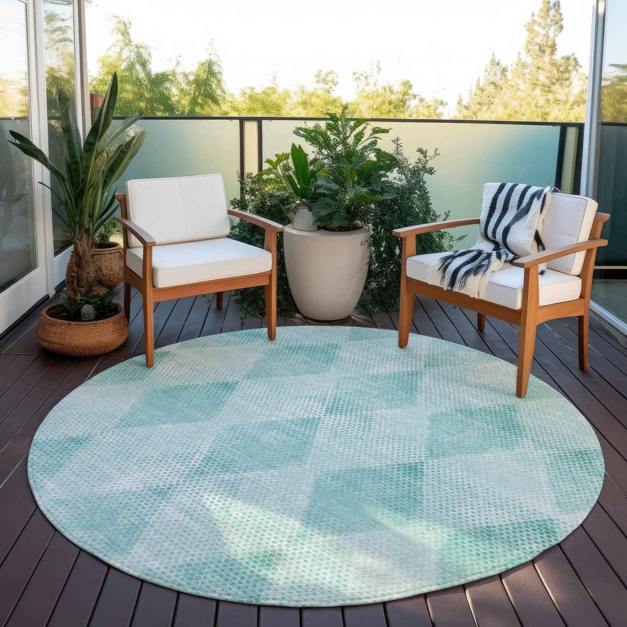 8' Round Teal Round Geometric Washable Non Skid Indoor Outdoor Area Rug