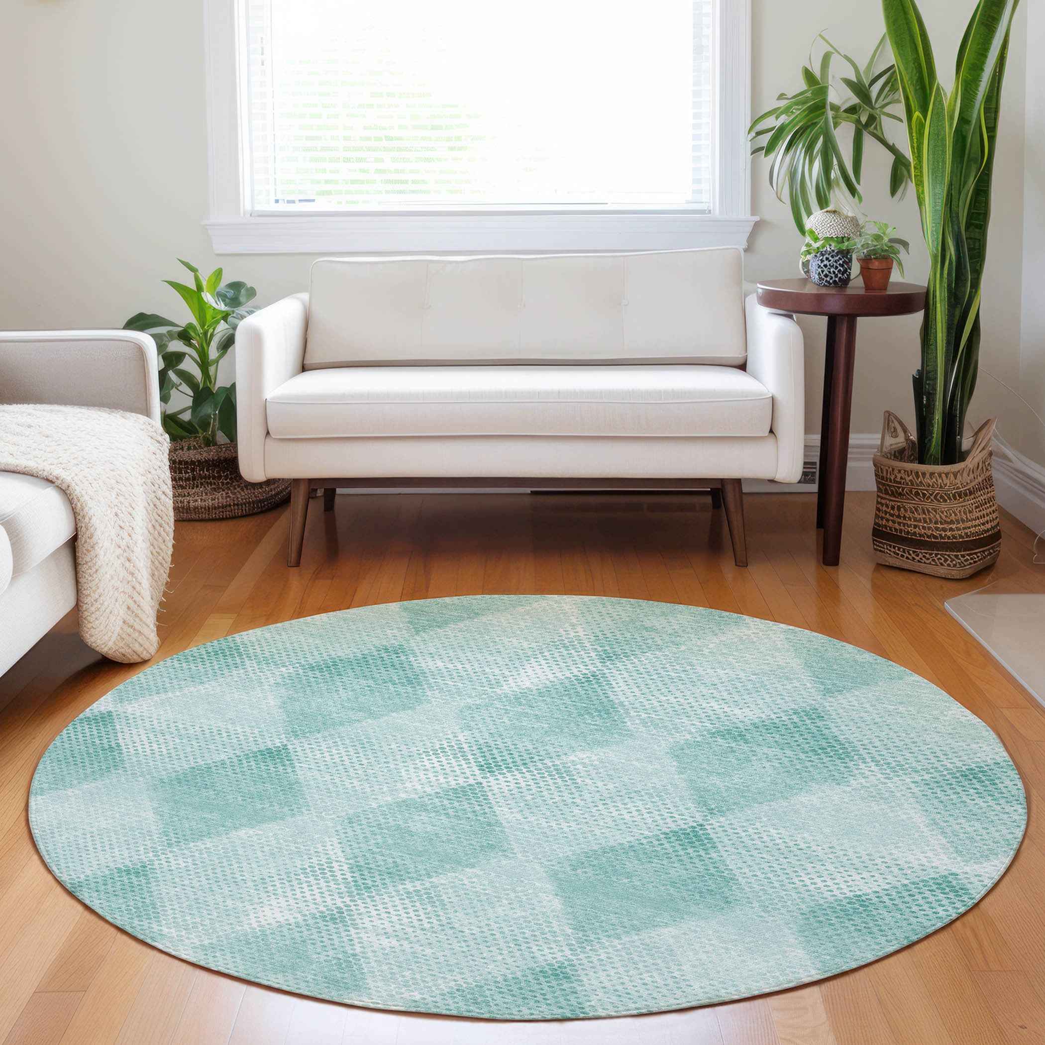 8' Round Teal Round Geometric Washable Non Skid Indoor Outdoor Area Rug