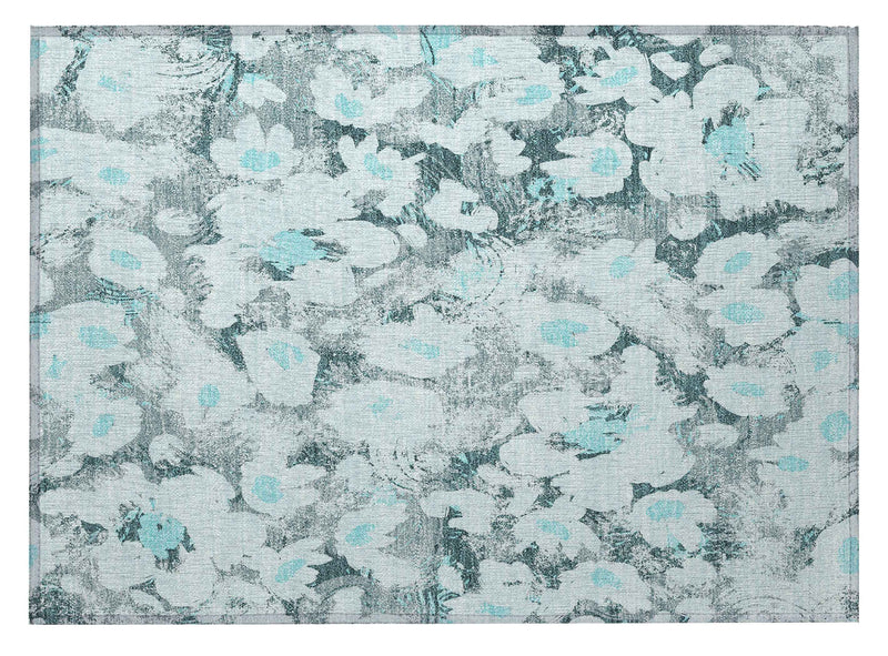 2' X 3' Teal Floral Washable Non Skid Indoor Outdoor Area Rug