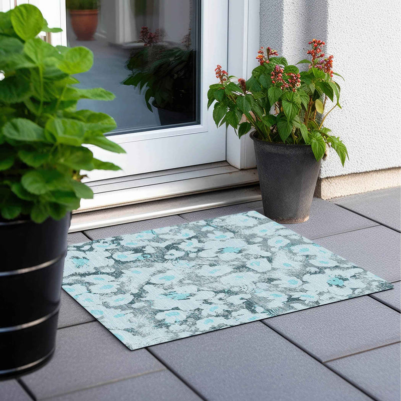 2' X 3' Teal Floral Washable Non Skid Indoor Outdoor Area Rug