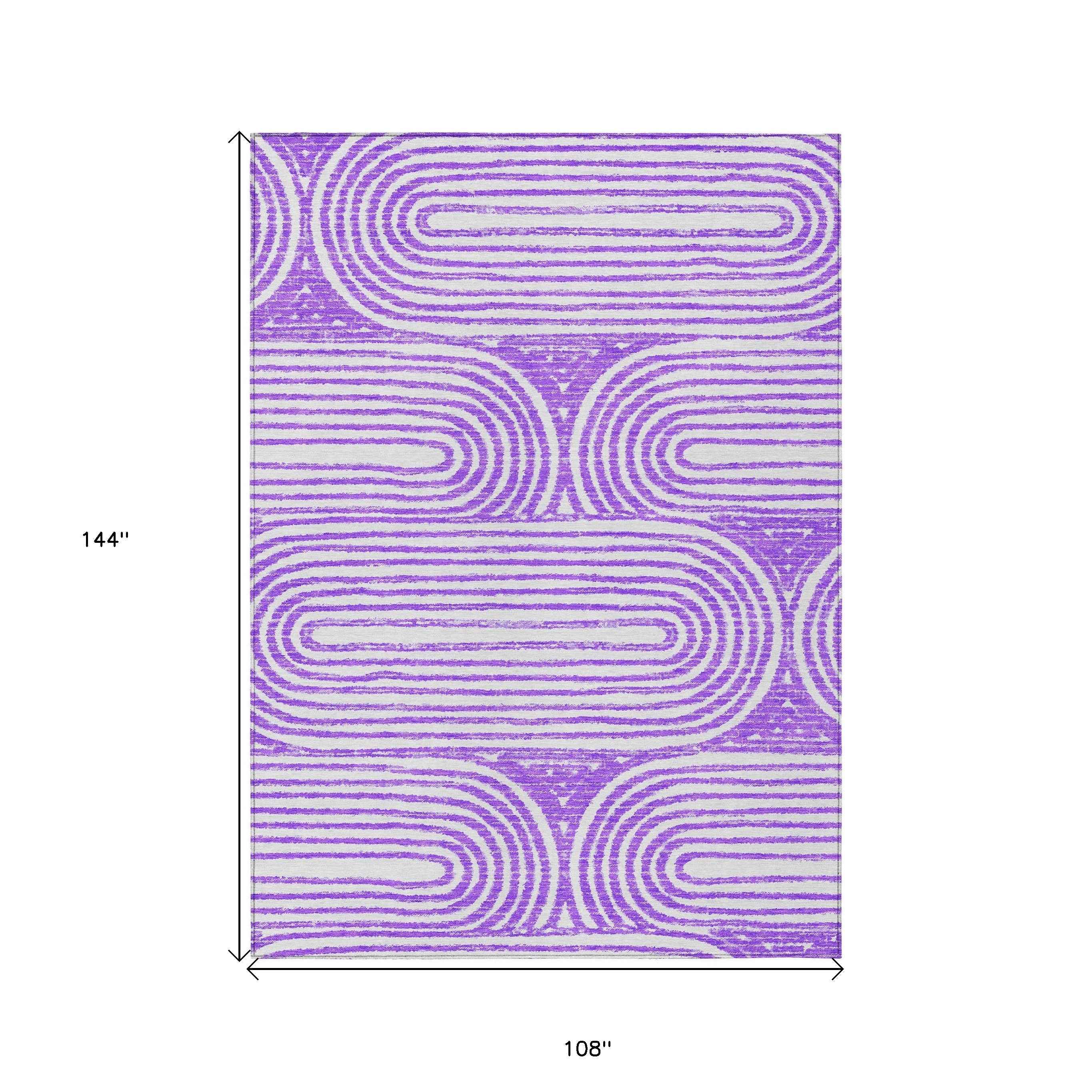 9' X 12' Purple and White Abstract Washable Non Skid Indoor Outdoor Area Rug