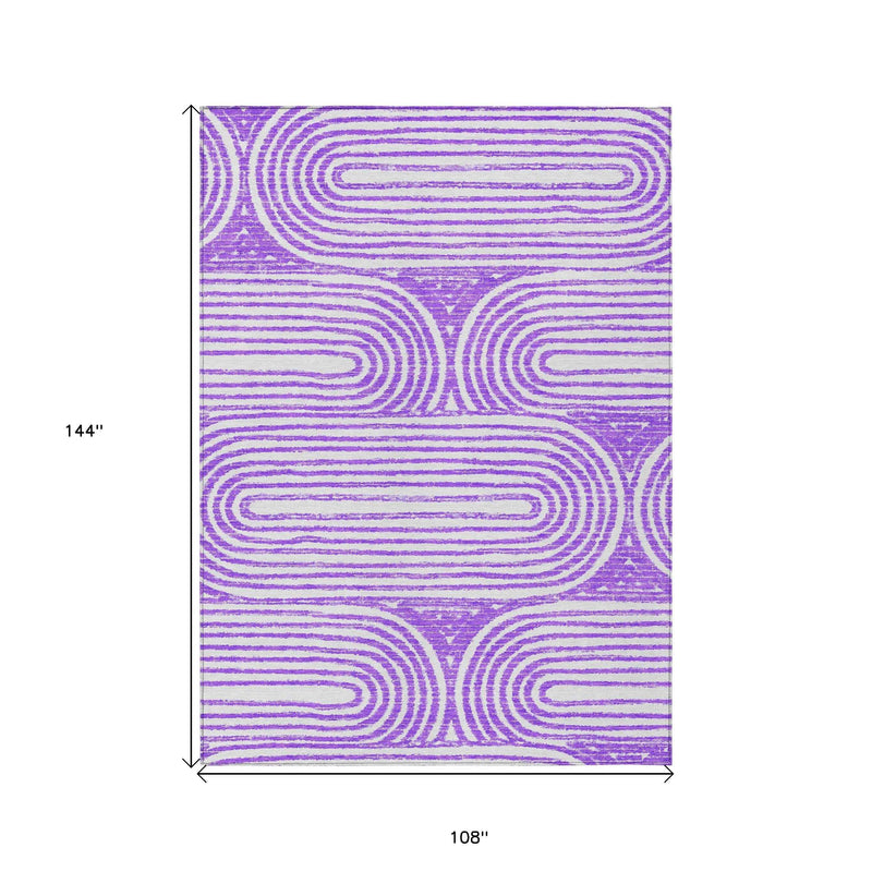 9' X 12' Purple and White Abstract Washable Non Skid Indoor Outdoor Area Rug