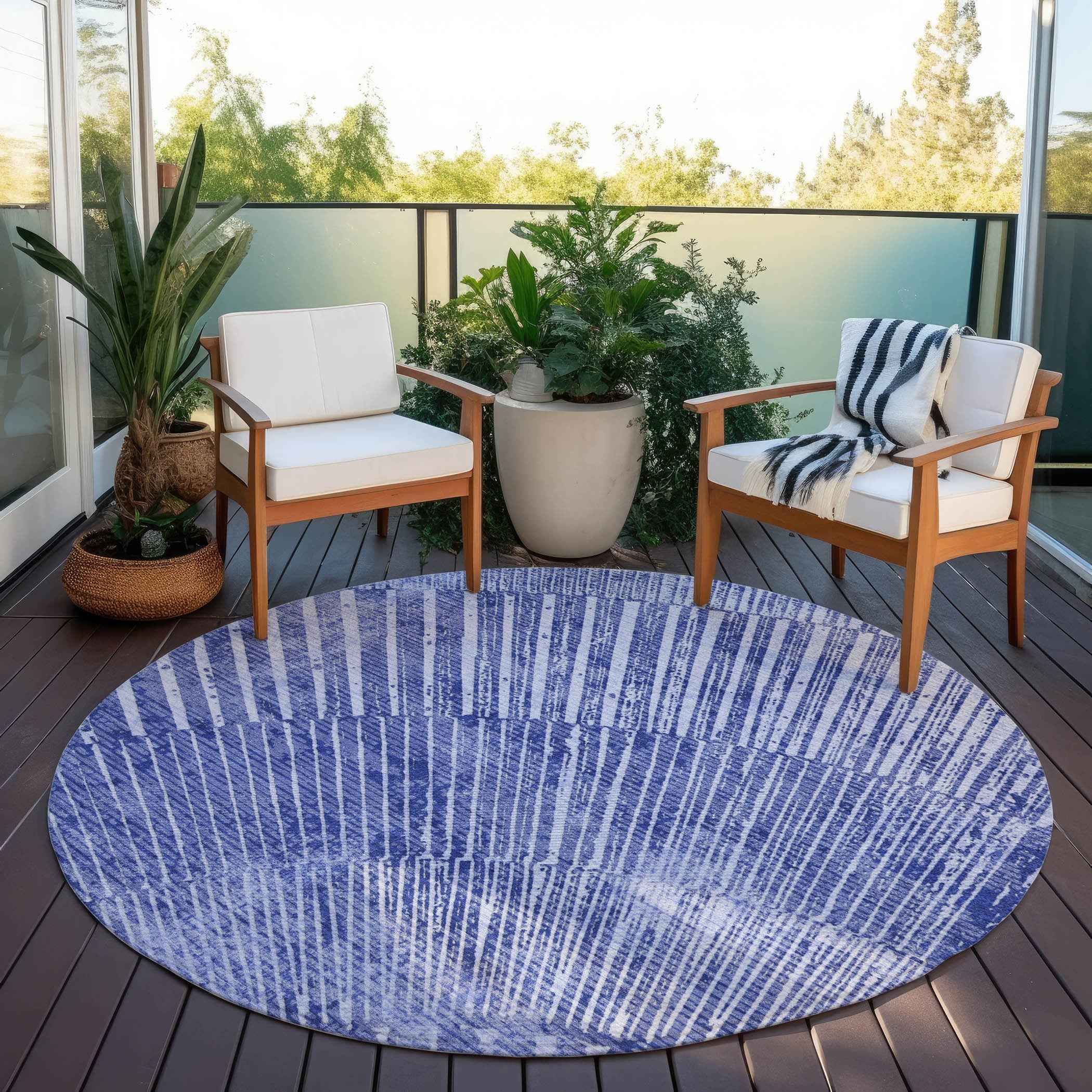 8' Round Navy Blue Round Abstract Washable Non Skid Indoor Outdoor Area Rug