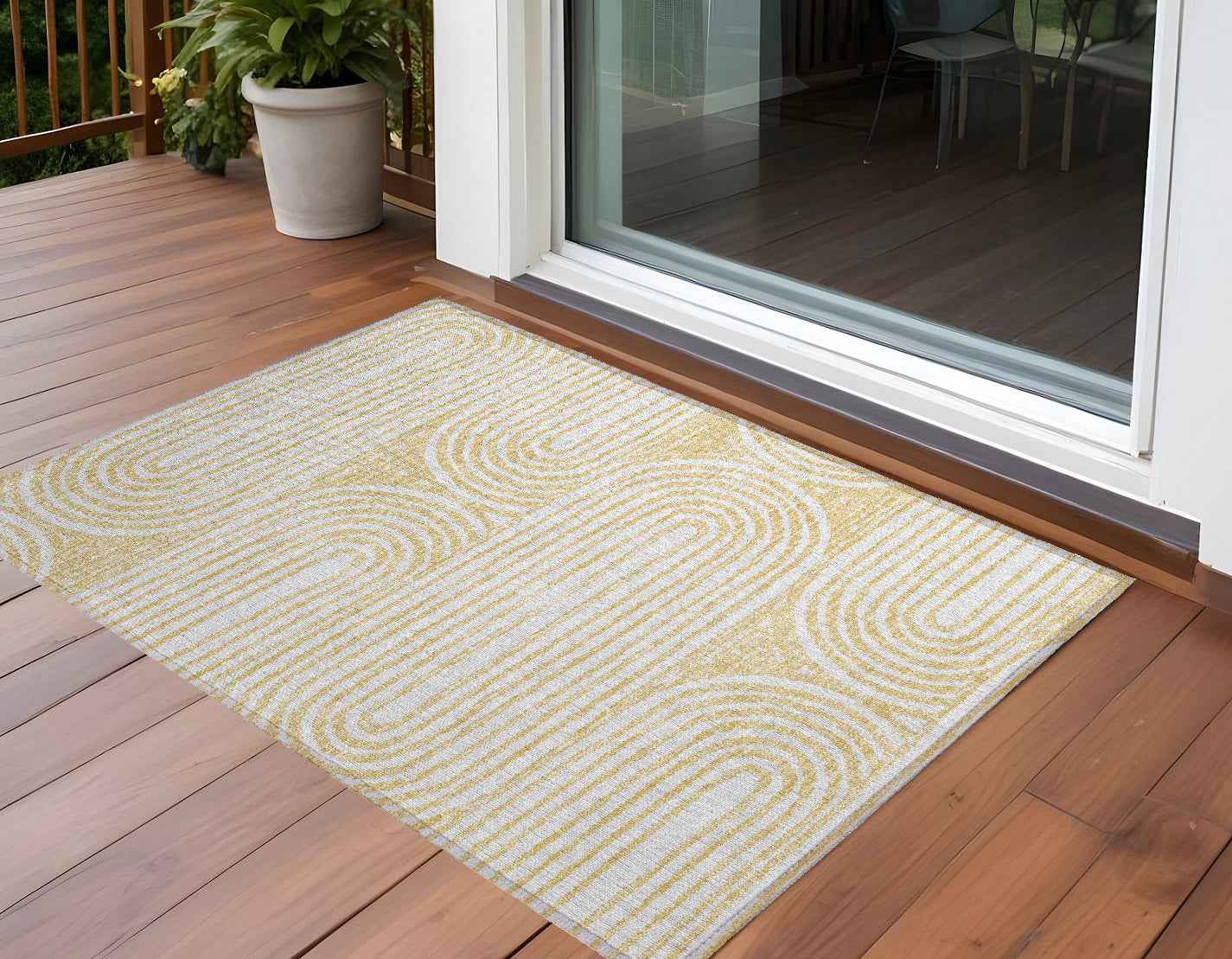 3' X 5' Gold and White Abstract Washable Non Skid Indoor Outdoor Area Rug