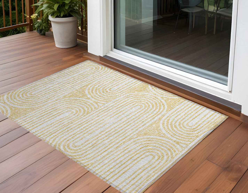 3' X 5' Gold and White Abstract Washable Non Skid Indoor Outdoor Area Rug