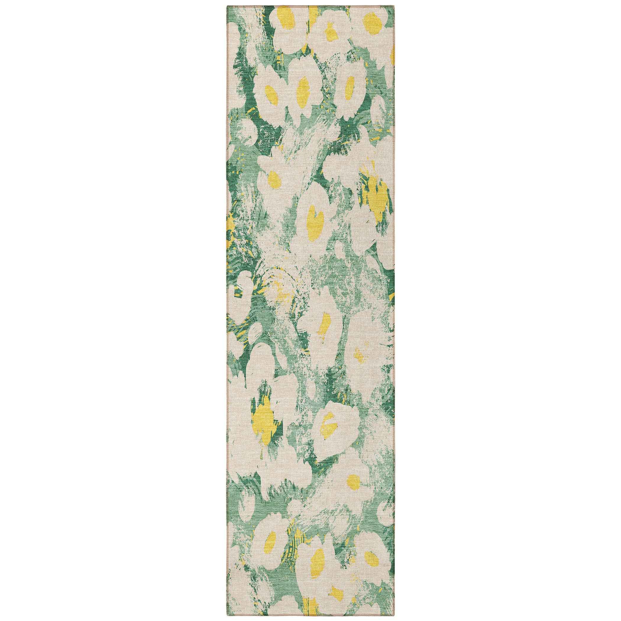 8' Runner Green Floral Washable Non Skid Indoor Outdoor Runner Rug