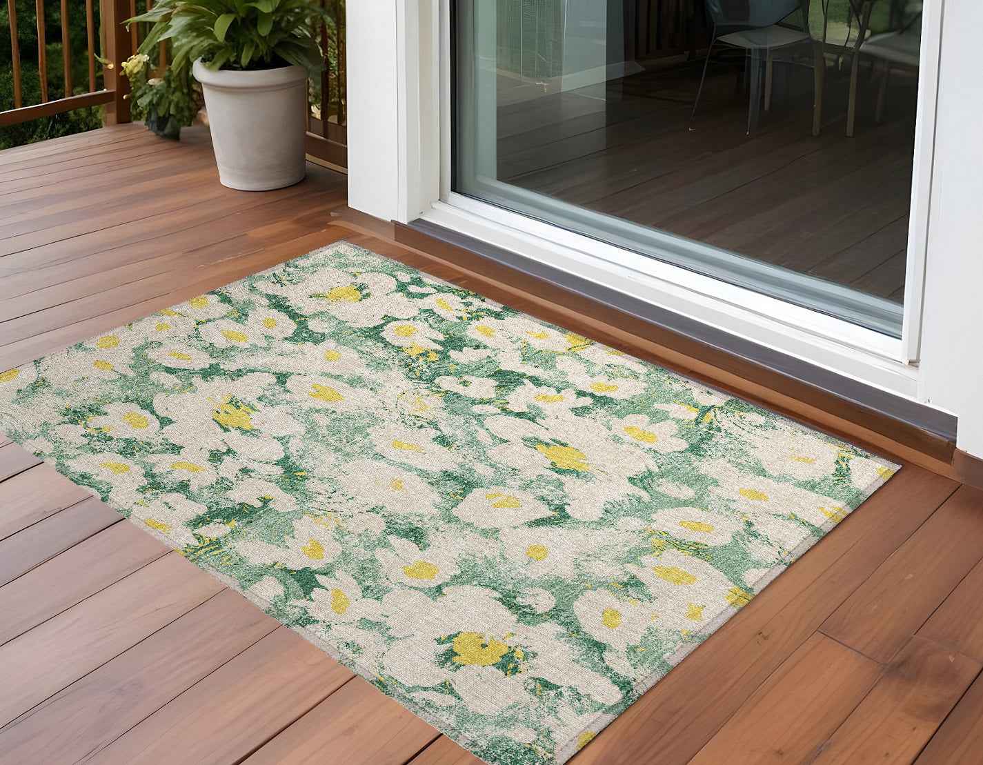 3' X 5' Green Floral Washable Non Skid Indoor Outdoor Area Rug