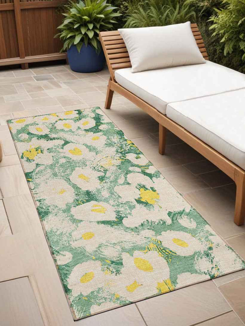 8' Runner Green Floral Washable Non Skid Indoor Outdoor Runner Rug