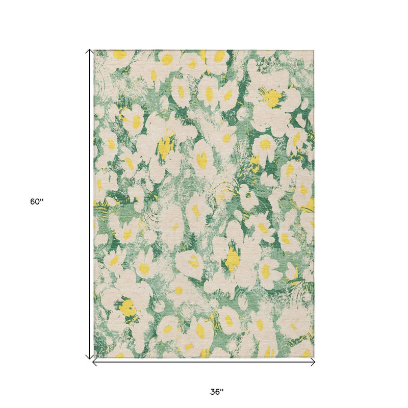 3' X 5' Green Floral Washable Non Skid Indoor Outdoor Area Rug