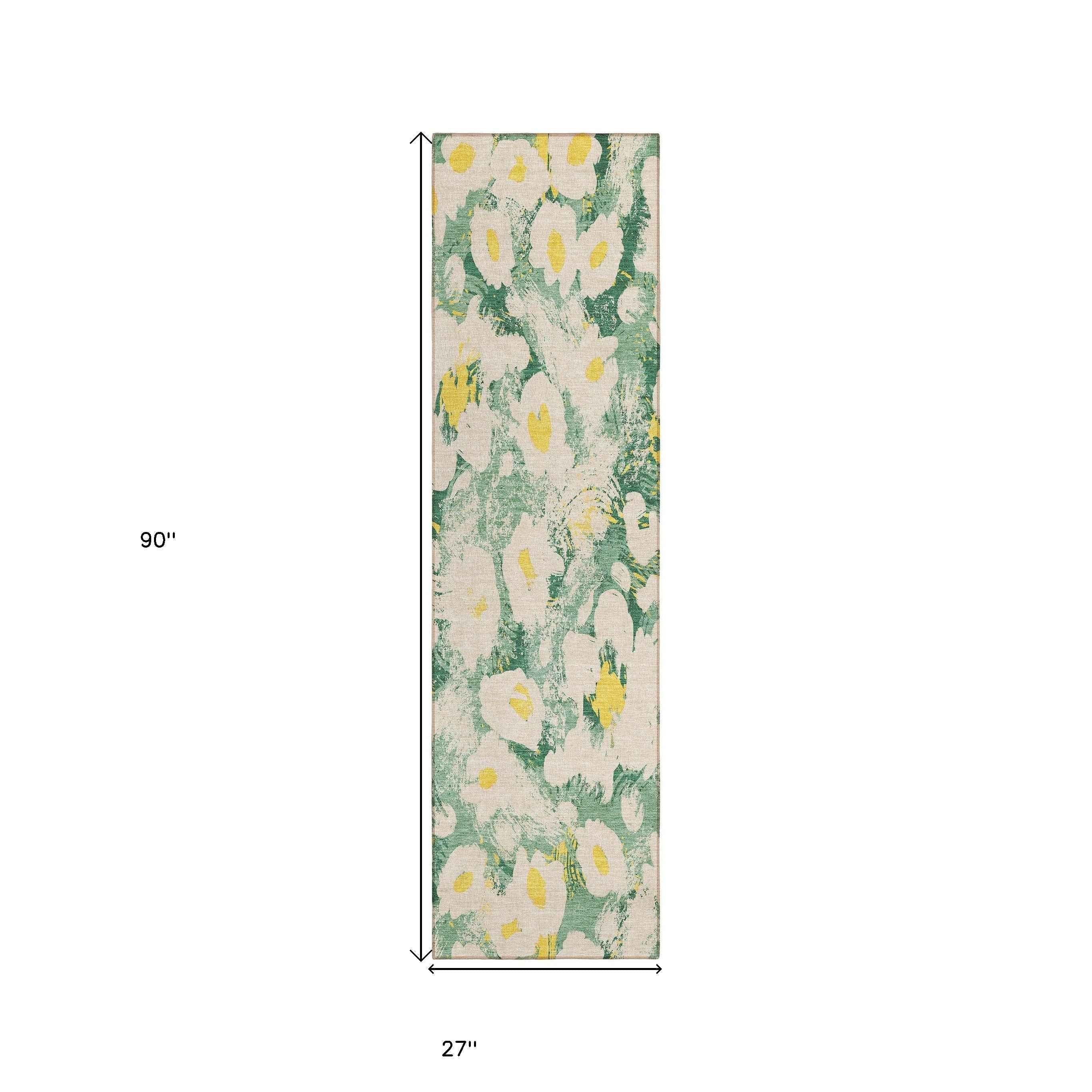 8' Runner Green Floral Washable Non Skid Indoor Outdoor Runner Rug