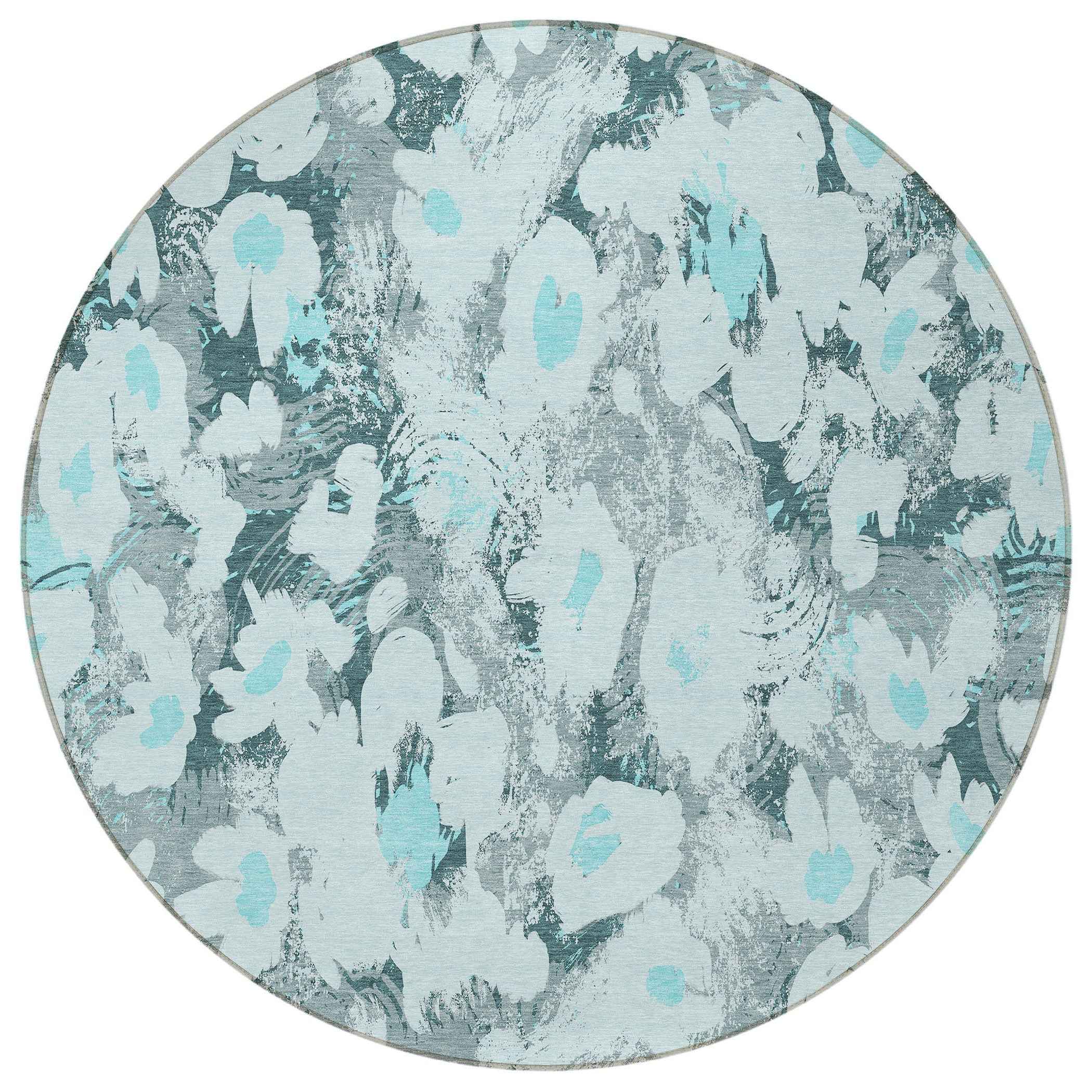 8' Round Teal Round Floral Washable Non Skid Indoor Outdoor Area Rug