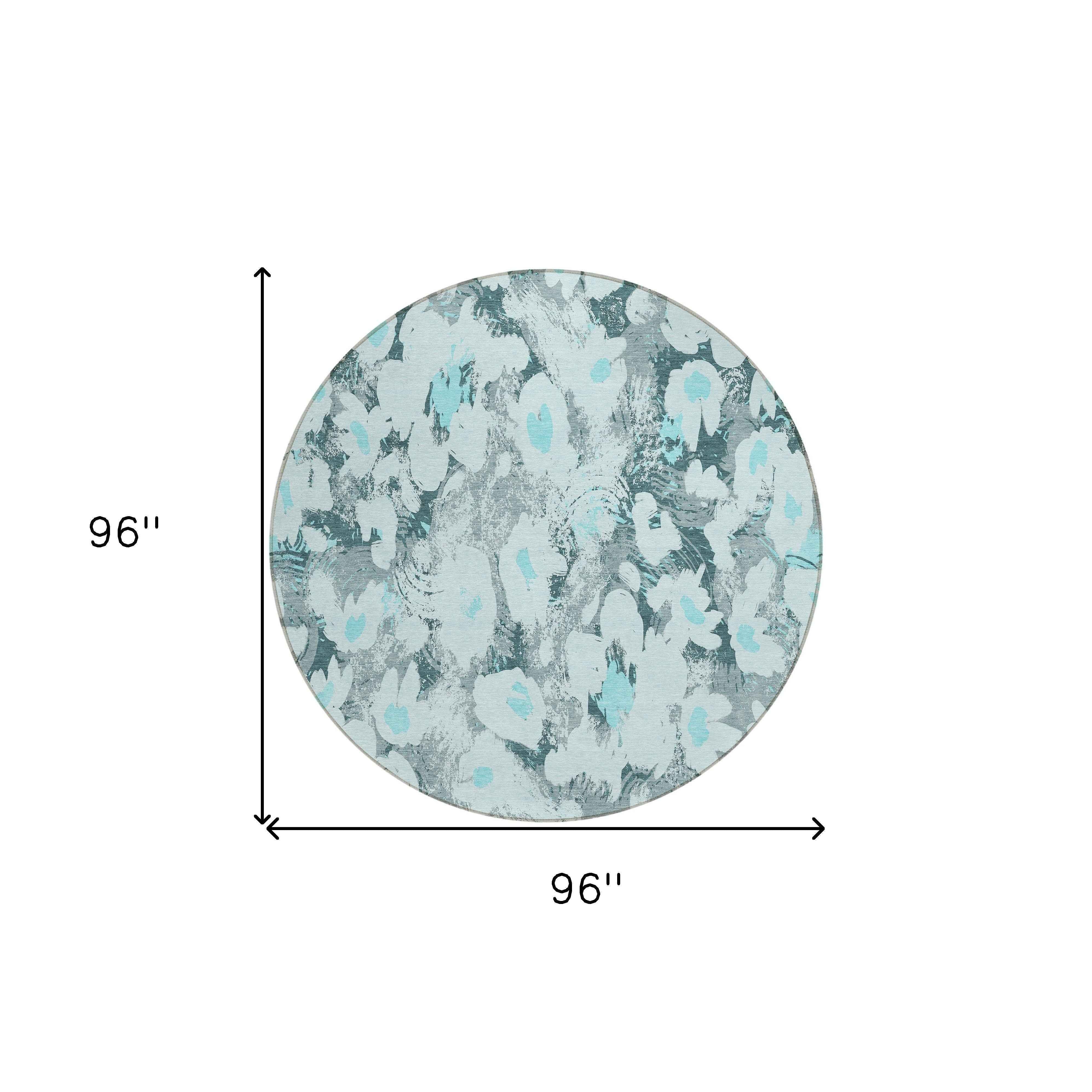 8' Round Teal Round Floral Washable Non Skid Indoor Outdoor Area Rug