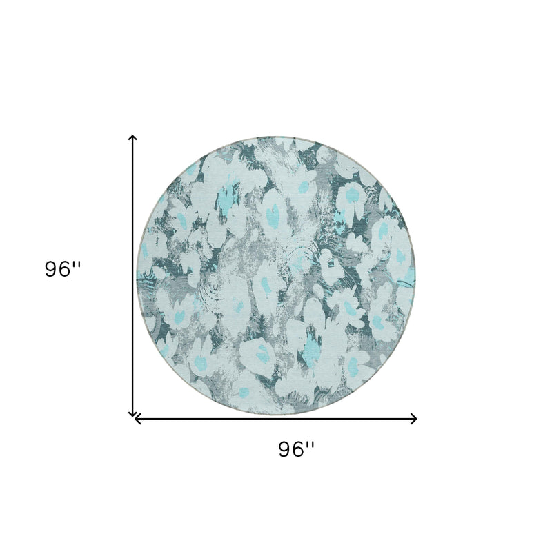 8' Round Teal Round Floral Washable Non Skid Indoor Outdoor Area Rug
