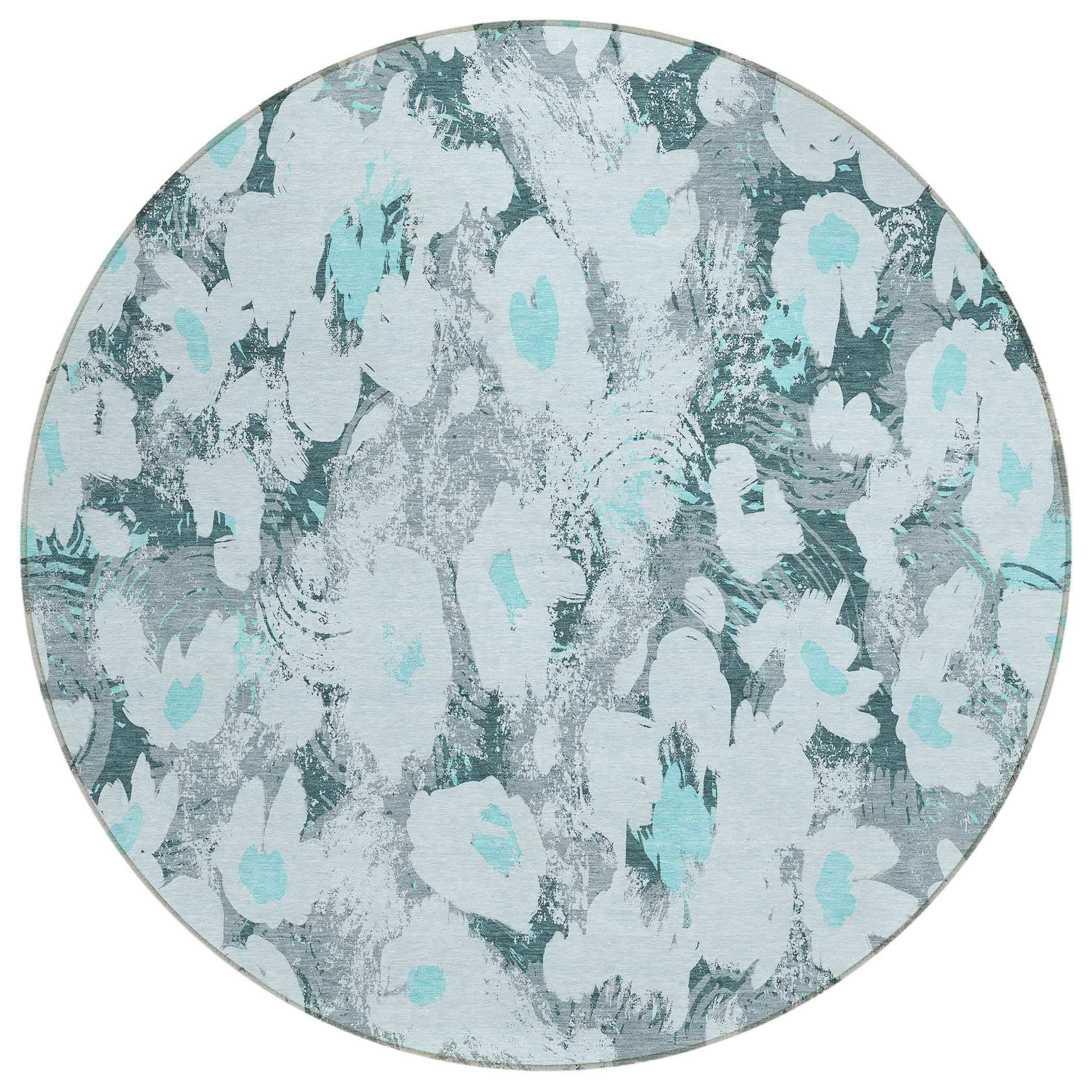 8' Round Teal Round Floral Washable Non Skid Indoor Outdoor Area Rug