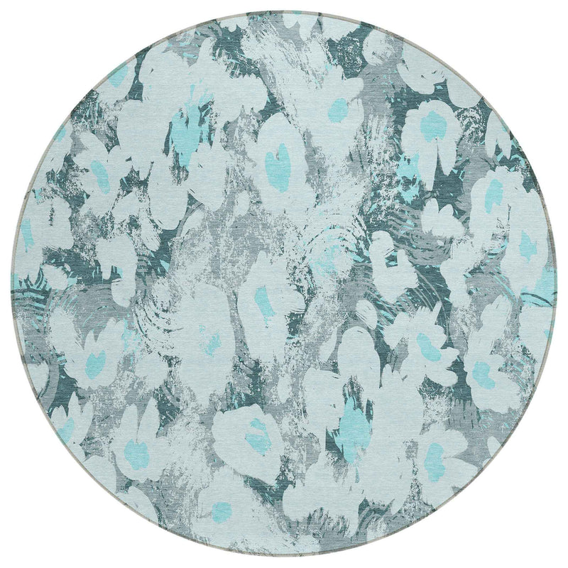 8' Round Teal Round Floral Washable Non Skid Indoor Outdoor Area Rug