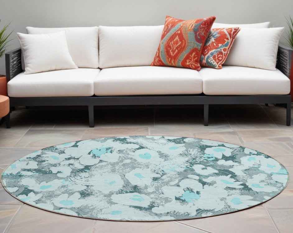 8' Round Teal Round Floral Washable Non Skid Indoor Outdoor Area Rug