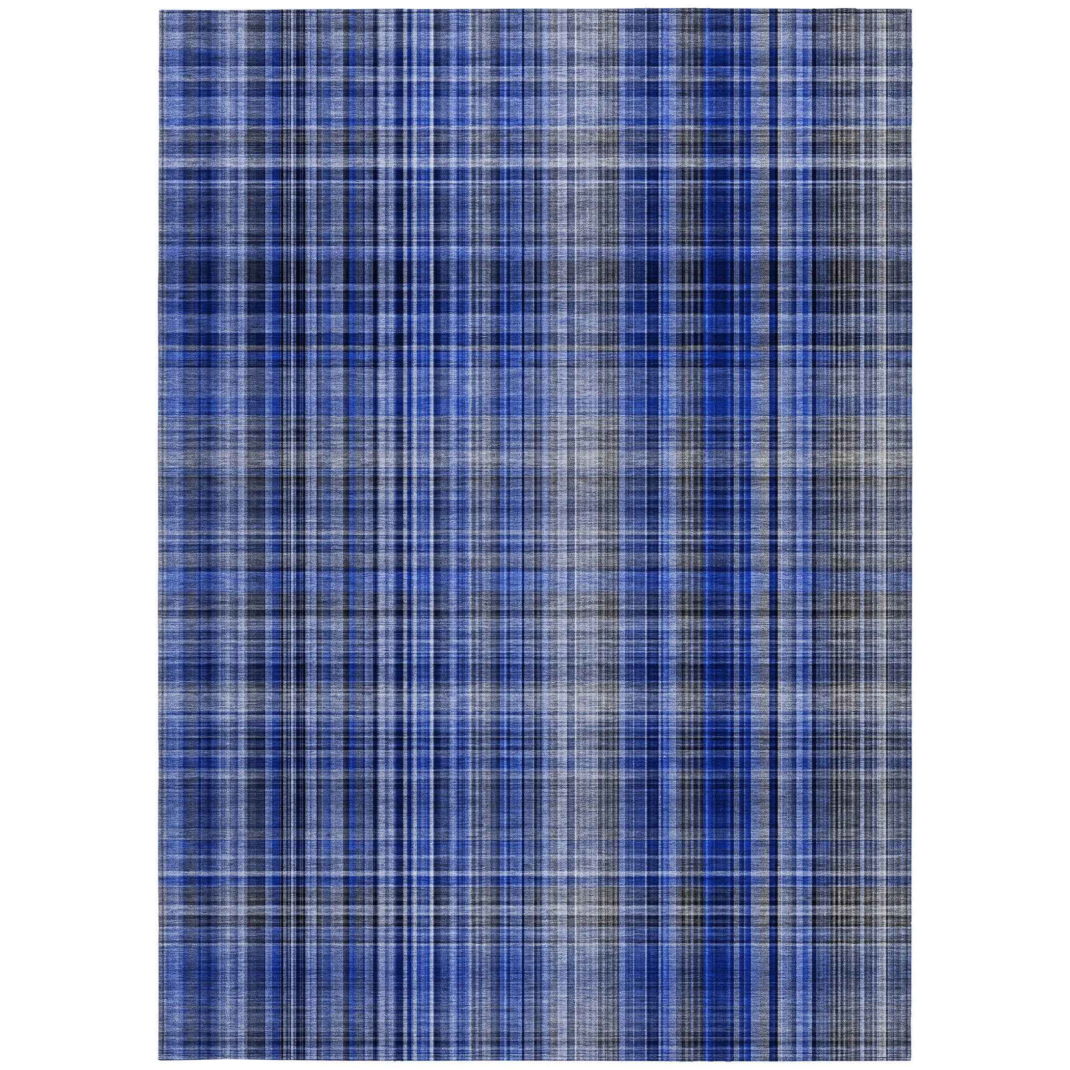 10' X 14' Navy Blue Plaid Washable Non Skid Indoor Outdoor Area Rug