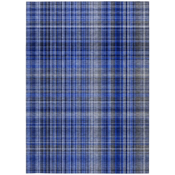 10' X 14' Navy Blue Plaid Washable Non Skid Indoor Outdoor Area Rug