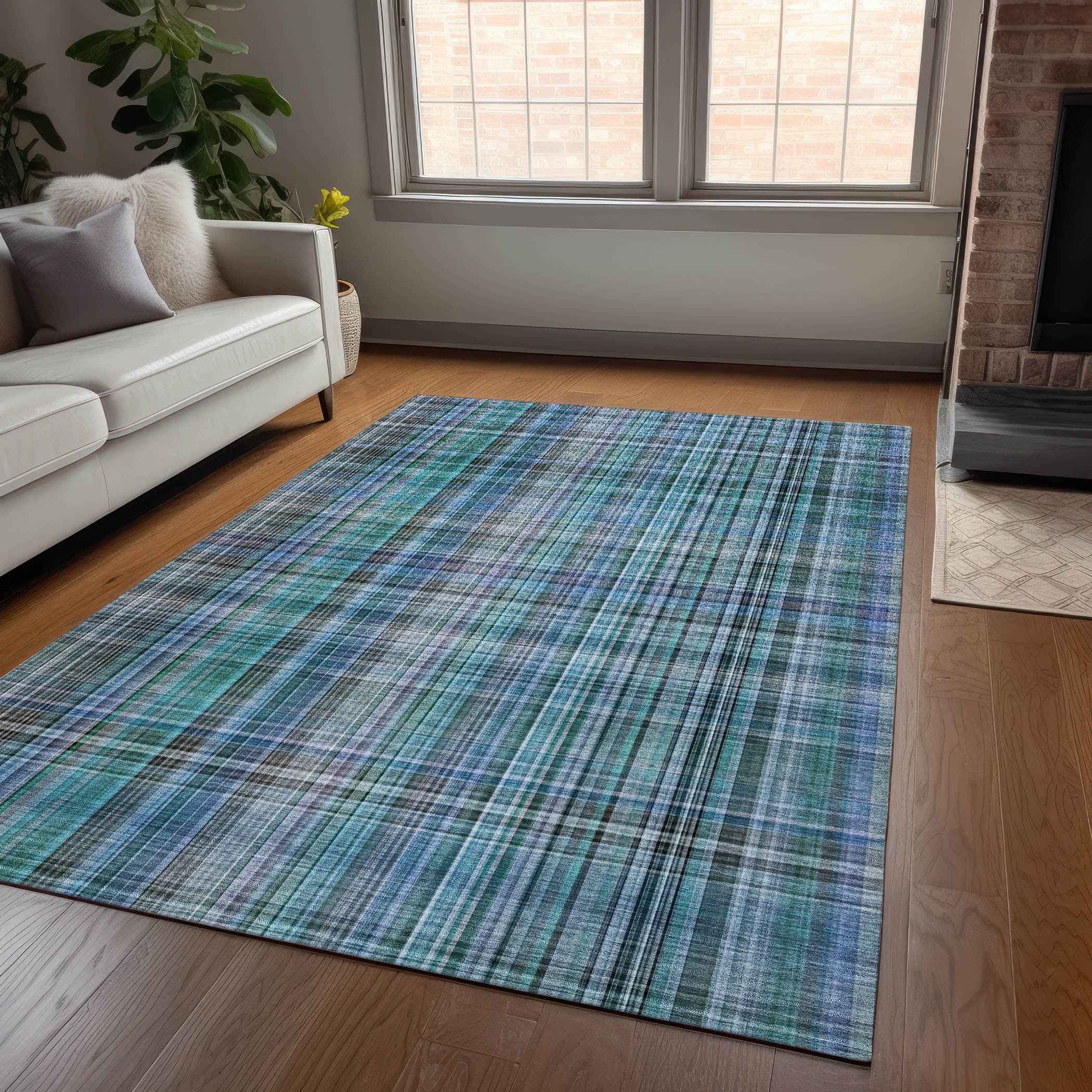 10' X 14' Blue Teal and Gray Plaid Washable Non Skid Indoor Outdoor Area Rug