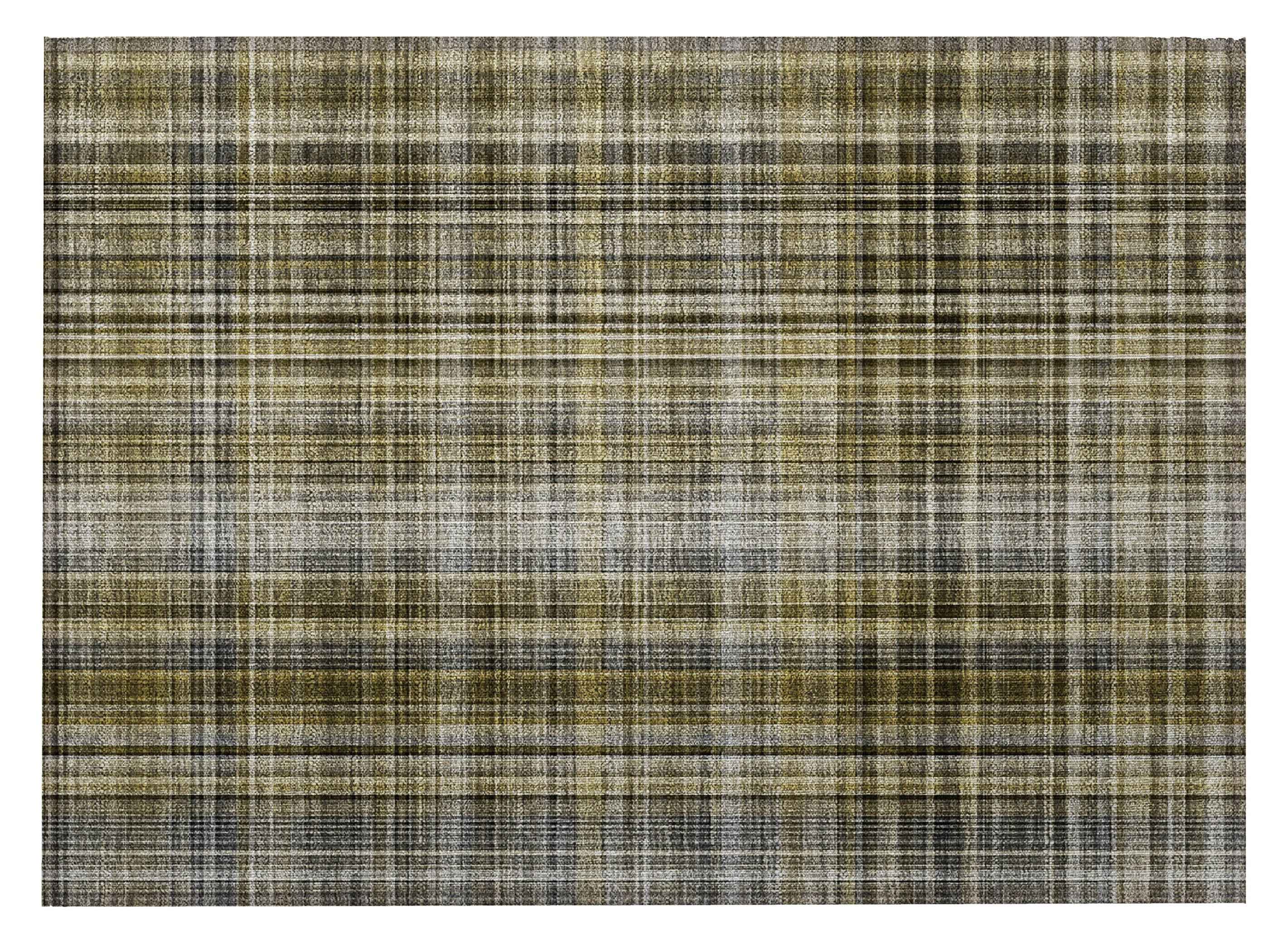 2' X 3' Green Beige and Gray Plaid Washable Non Skid Indoor Outdoor Area Rug