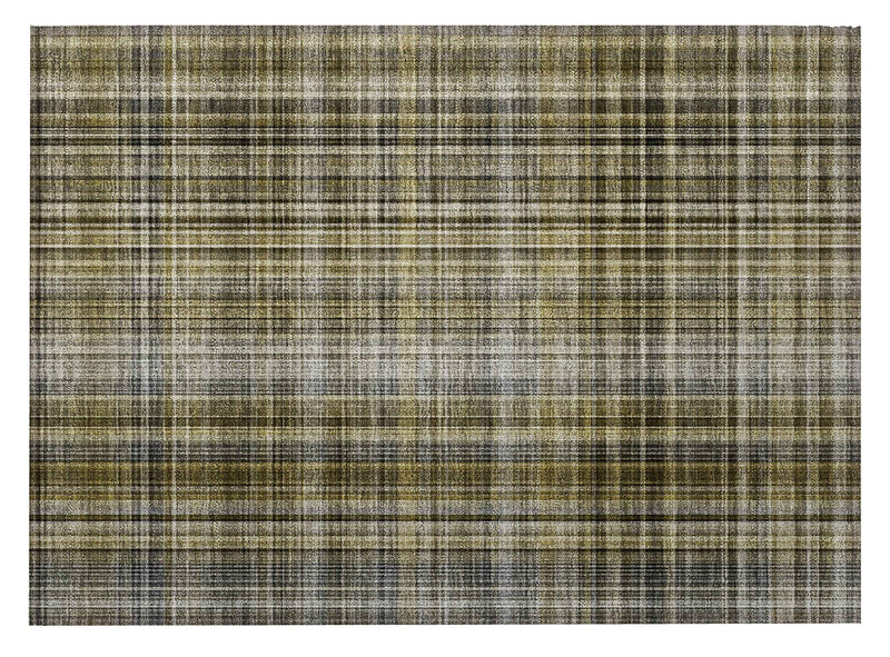 2' X 3' Green Beige and Gray Plaid Washable Non Skid Indoor Outdoor Area Rug