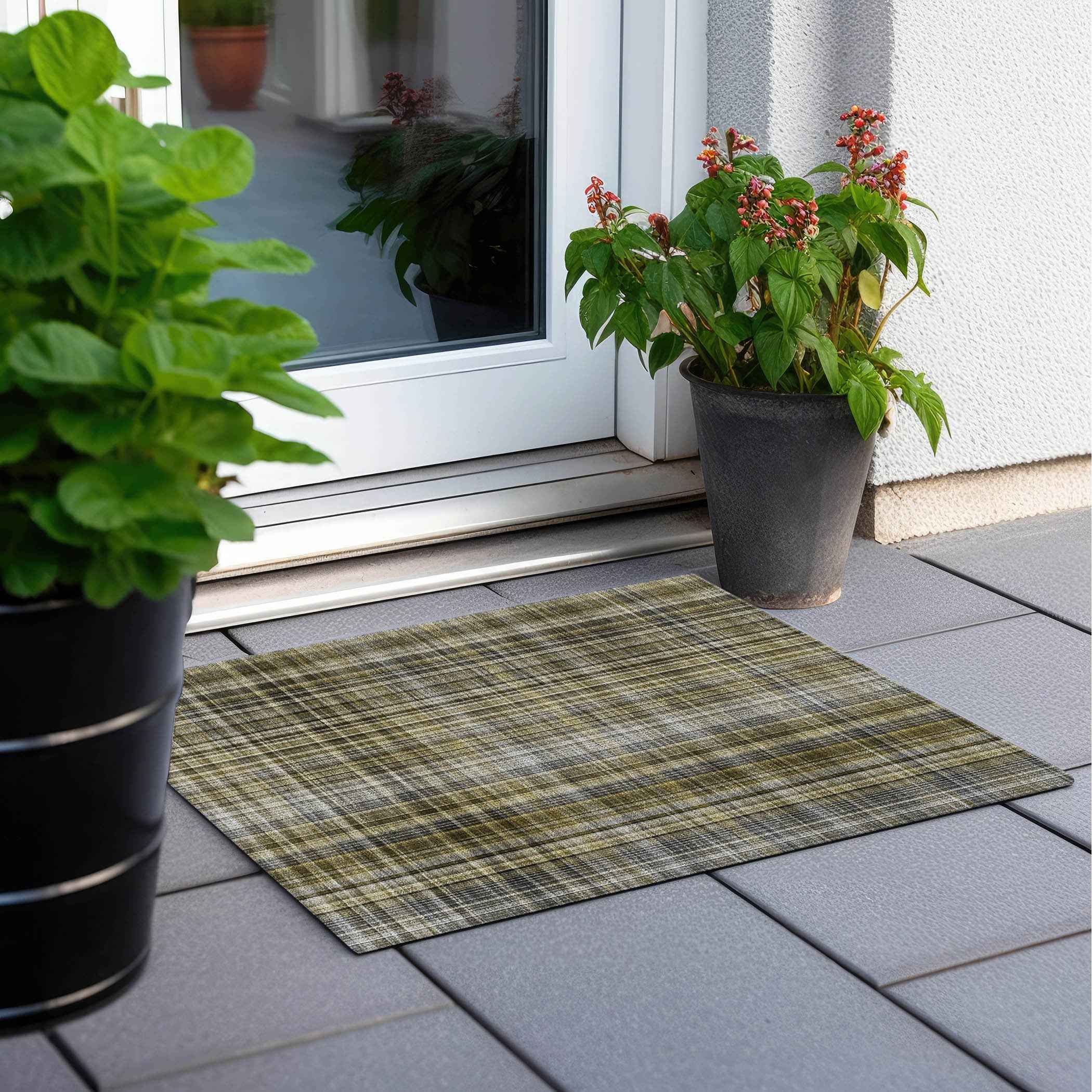 2' X 3' Green Beige and Gray Plaid Washable Non Skid Indoor Outdoor Area Rug