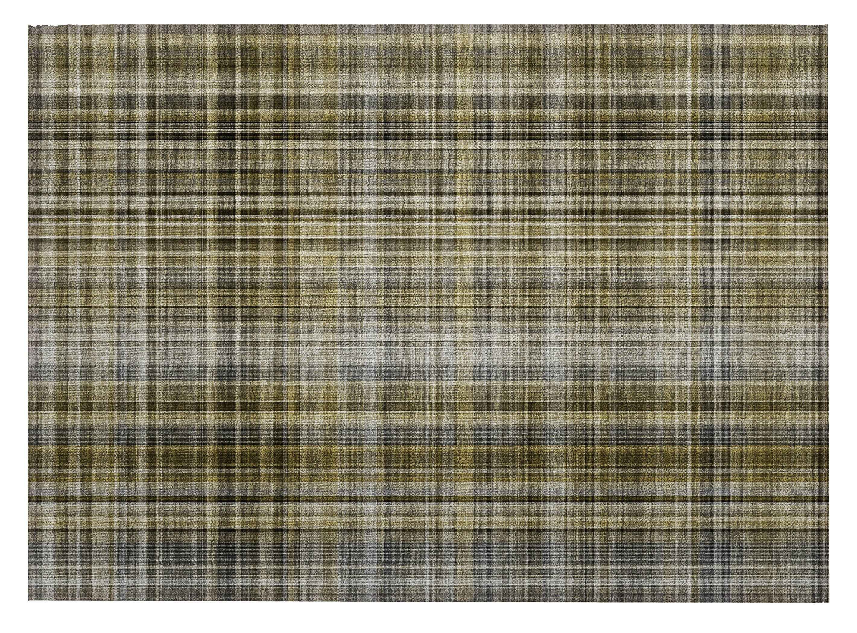 2' X 3' Green Beige and Gray Plaid Washable Non Skid Indoor Outdoor Area Rug
