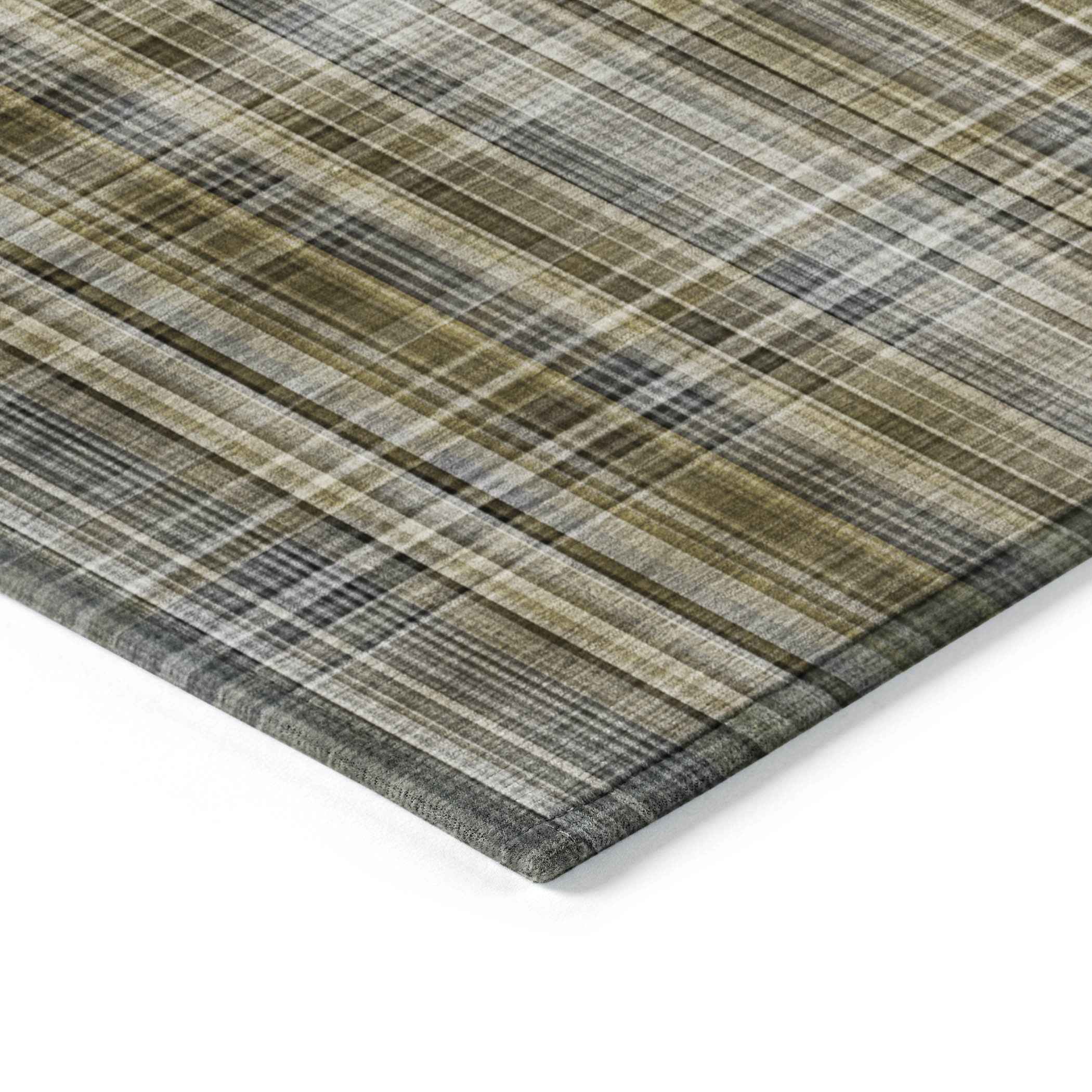 2' X 3' Green Beige and Gray Plaid Washable Non Skid Indoor Outdoor Area Rug