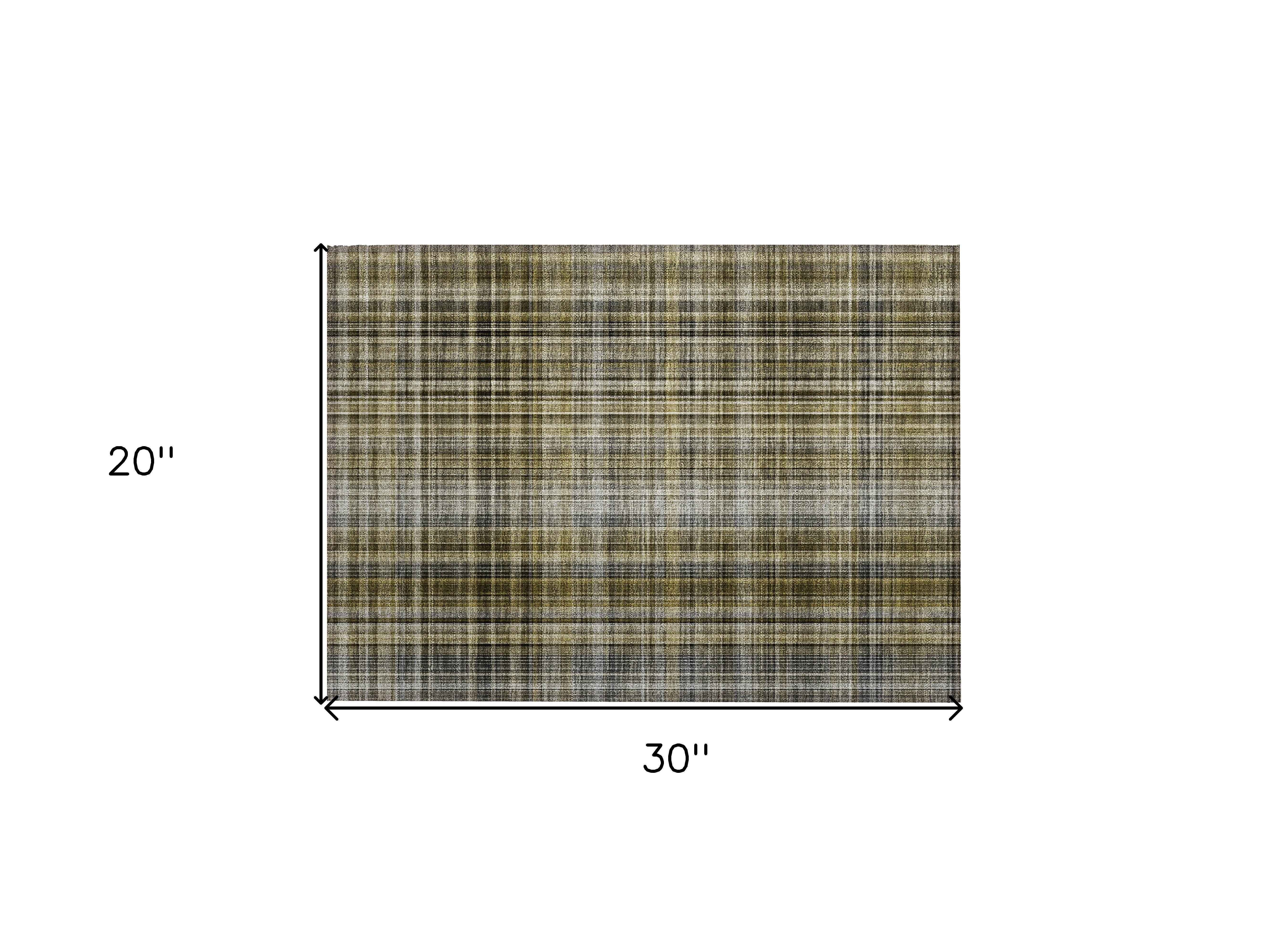 2' X 3' Green Beige and Gray Plaid Washable Non Skid Indoor Outdoor Area Rug