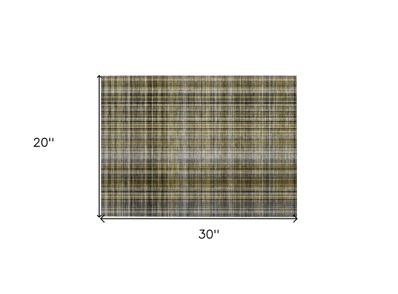 2' X 3' Green Beige and Gray Plaid Washable Non Skid Indoor Outdoor Area Rug