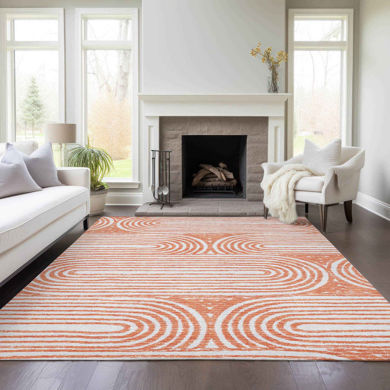 8' X 10' Orange and Ivory Abstract Washable Non Skid Indoor Outdoor Area Rug