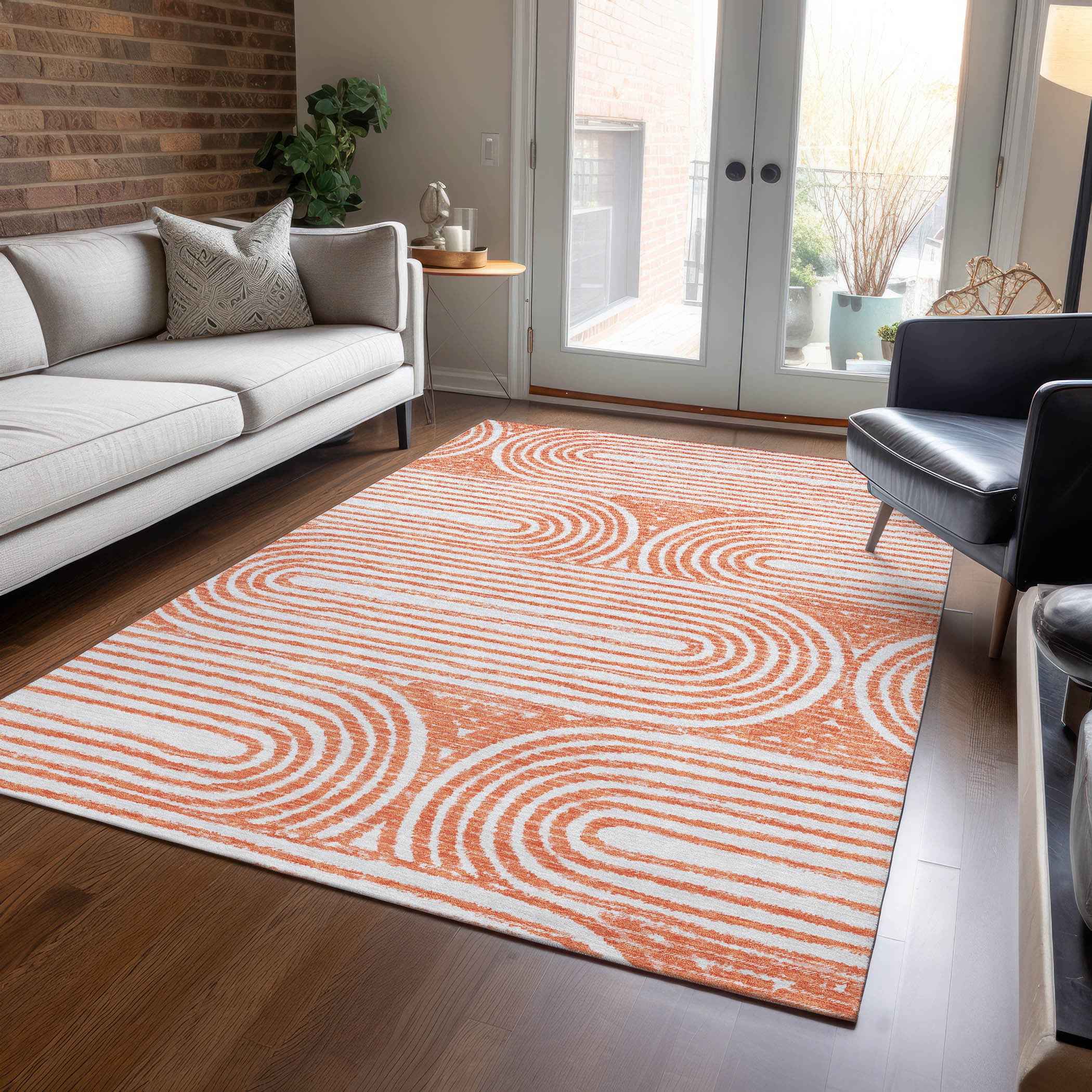 8' X 10' Orange and Ivory Abstract Washable Non Skid Indoor Outdoor Area Rug