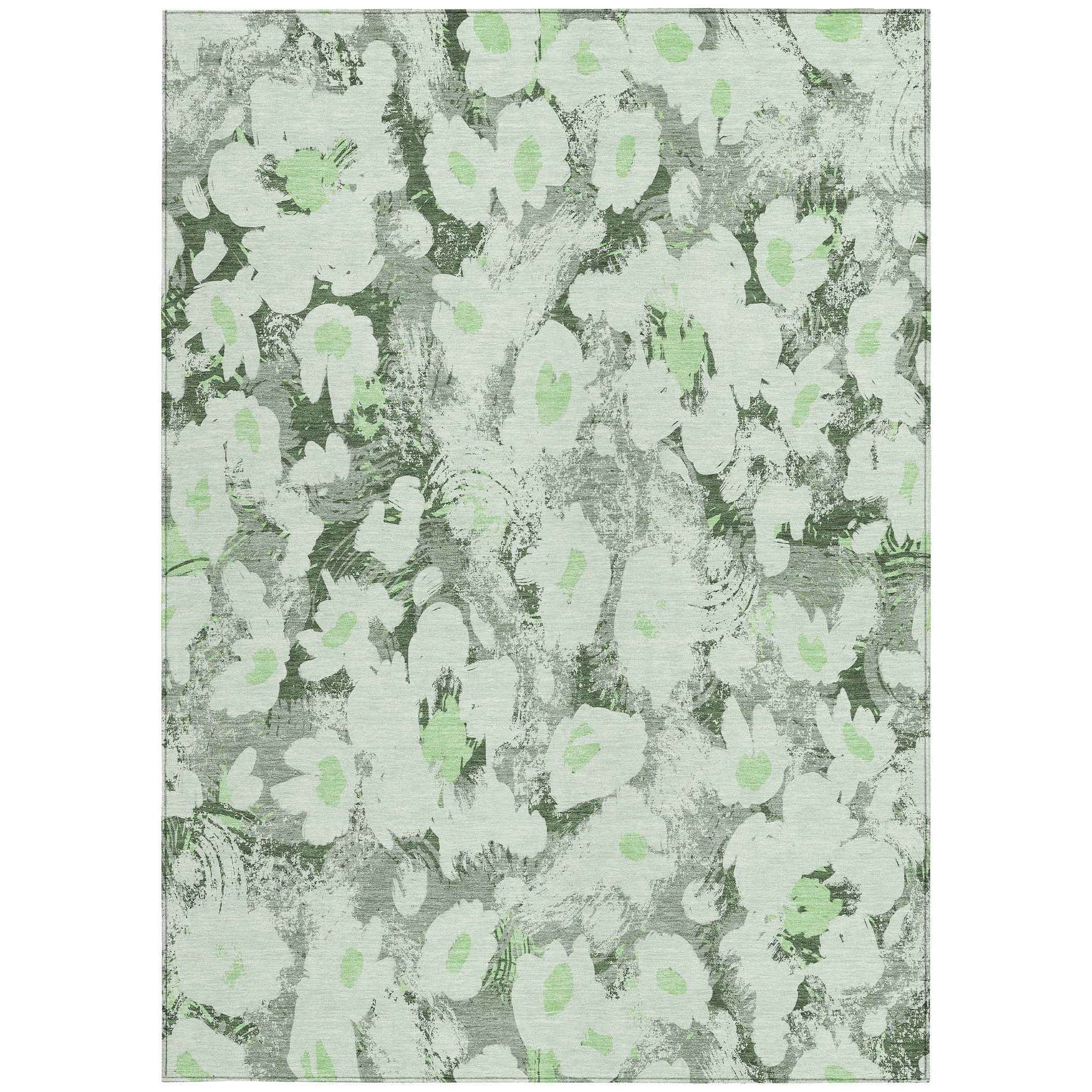 5' X 8' Artichoke Green Floral Washable Non Skid Indoor Outdoor Area Rug