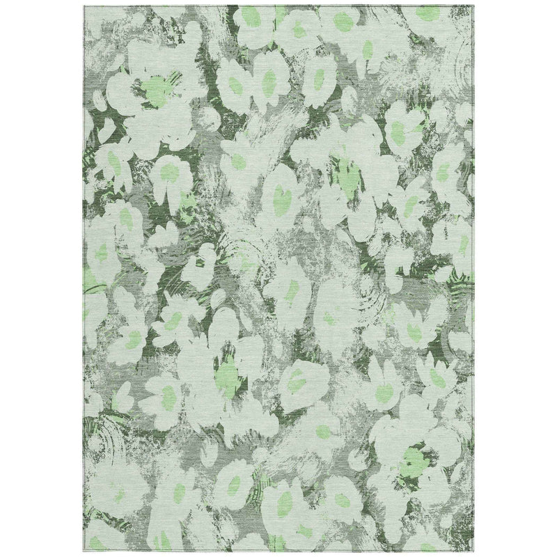5' X 8' Artichoke Green Floral Washable Non Skid Indoor Outdoor Area Rug