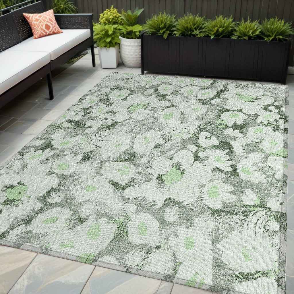 5' X 8' Artichoke Green Floral Washable Non Skid Indoor Outdoor Area Rug